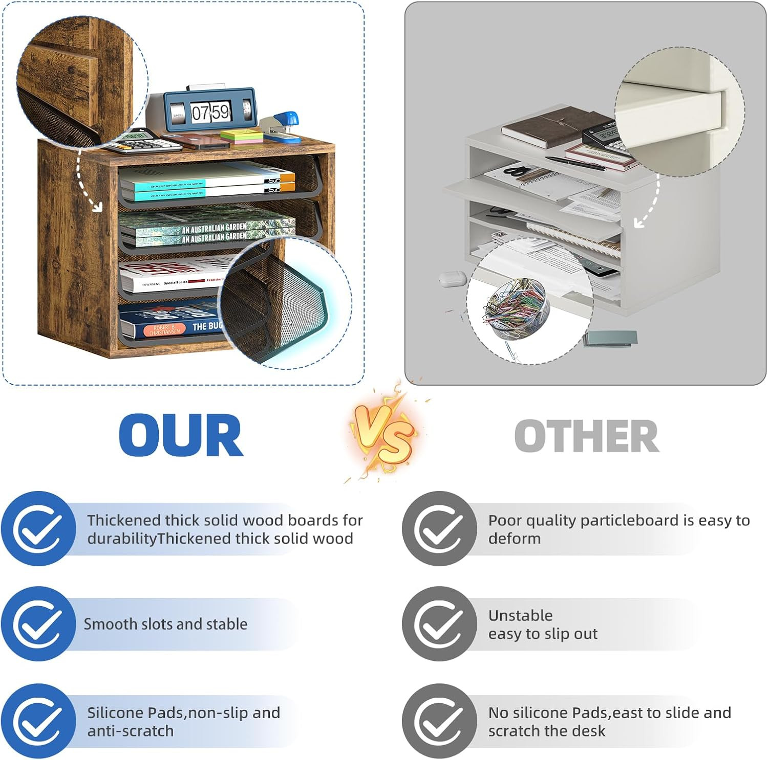 Desk File Organizers, 4-Tier Letter Tray Paper Organizer with File Holder, Woode