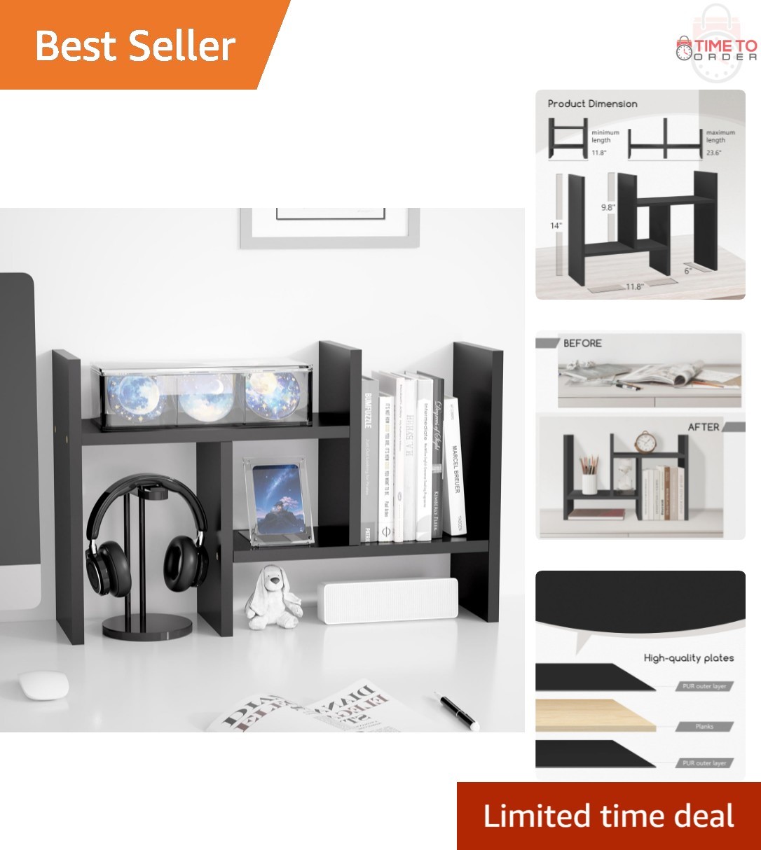 Wood Desktop Organizer Office Shelf Adjustable Double H Mini Bookshelf