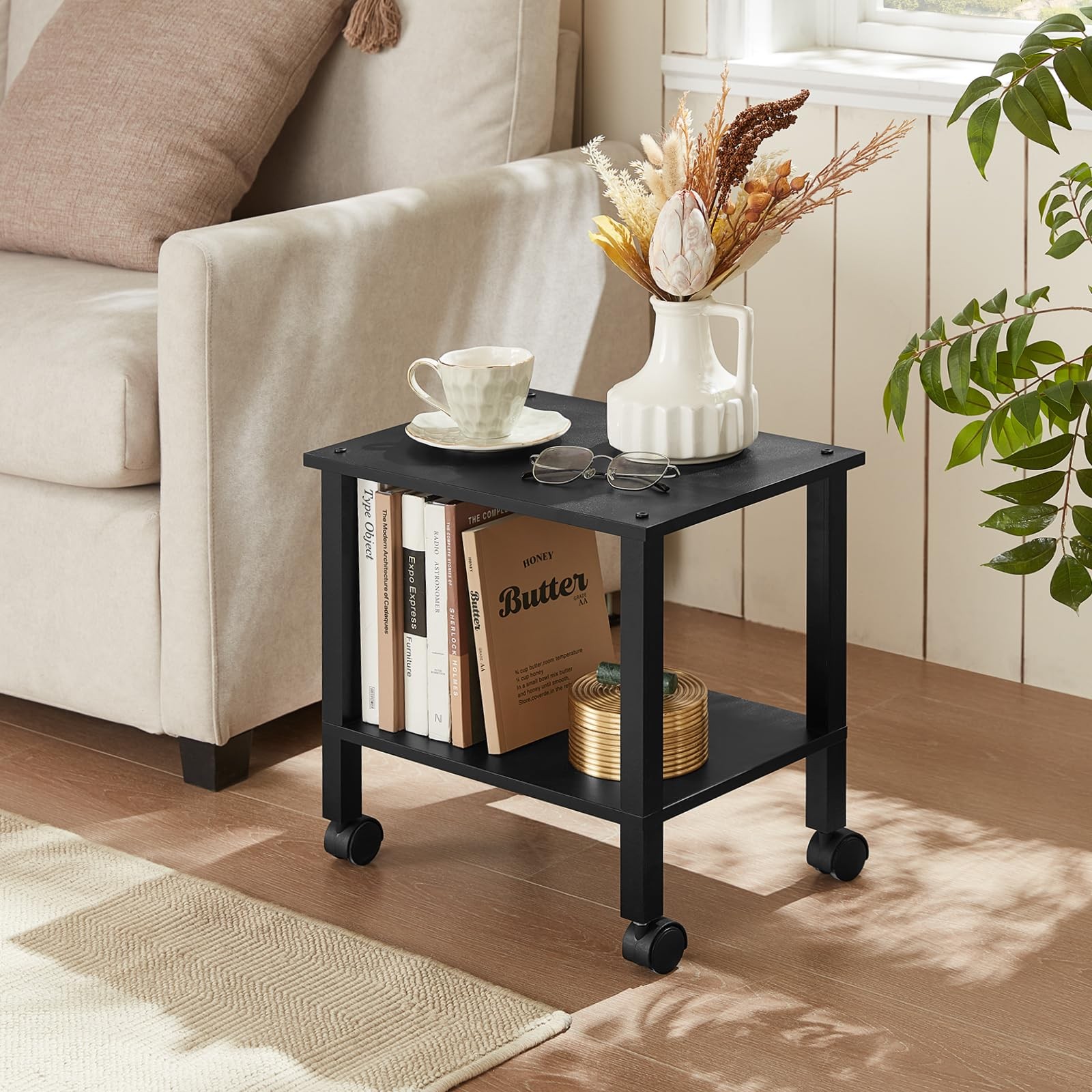 YUFAM 2 Tier Printer Stand with Storage,Under Desk Shelf 2-Tier, Black