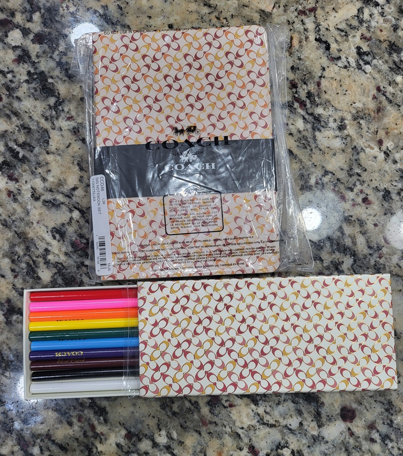 Coach Signature 3 Notebook Set With 10 different Color pencils & hot lidded cup