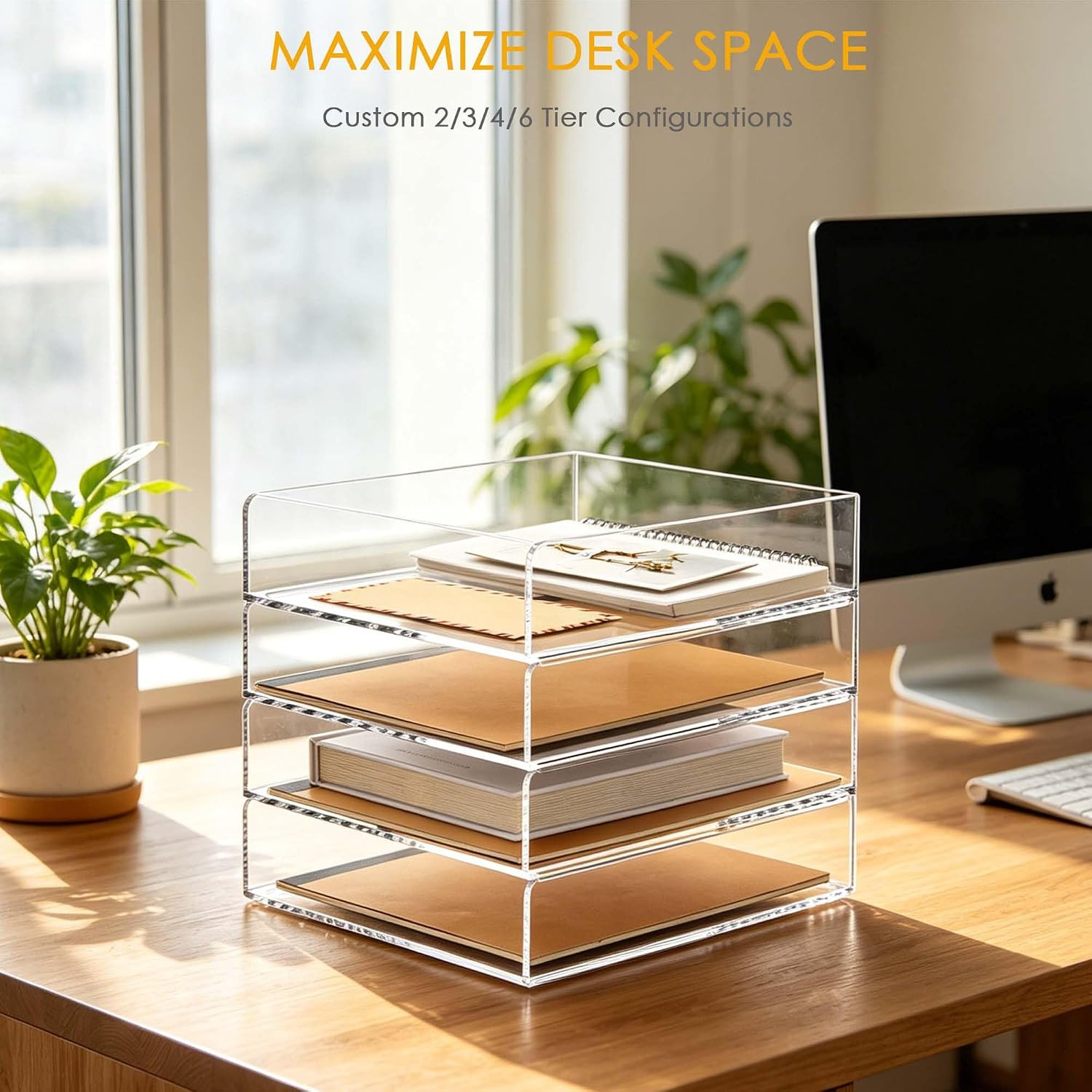 SANRUI 4 Tier Stackable Acrylic Letter Tray, 5mm Thick Clear Desk File Organizer