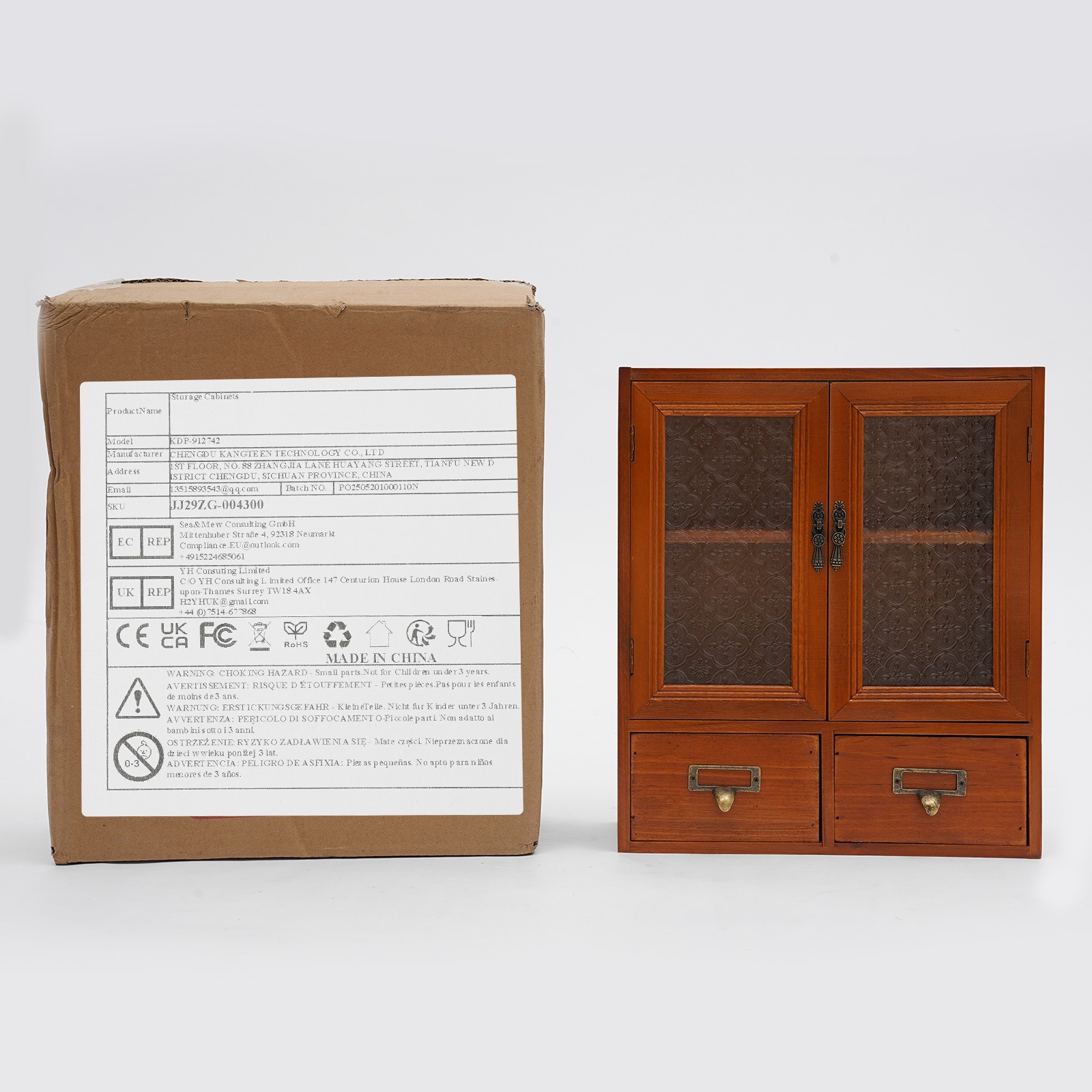 Vintage Tabletop Organizer with 2 Drawers & Glass Door Storage Cabinet Brown