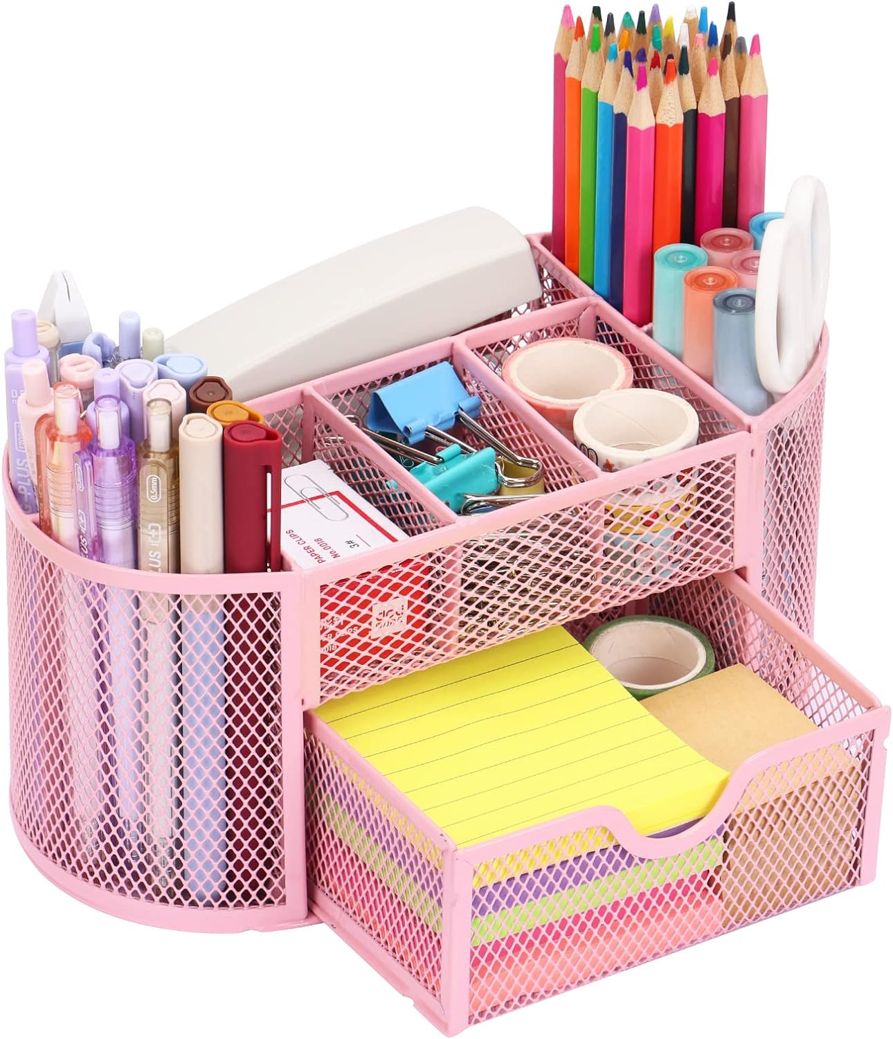 Pink Desk Organizer, Pen Holder for Desk and Accessories, Mesh Desk Organizer wi