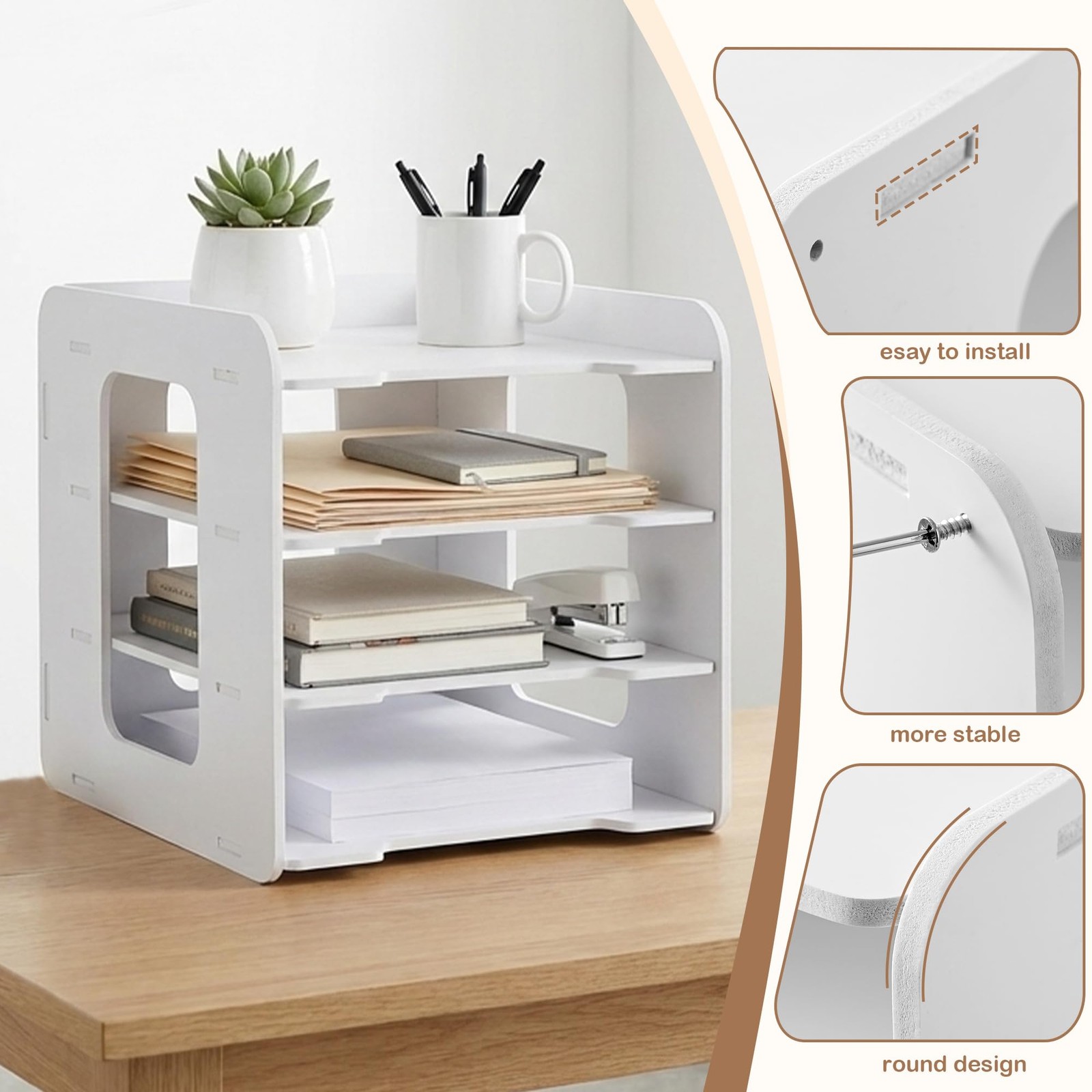 Moontility Desk Organizer, 4-Tier File Organizer for 13″ x 9″ x 9″, White