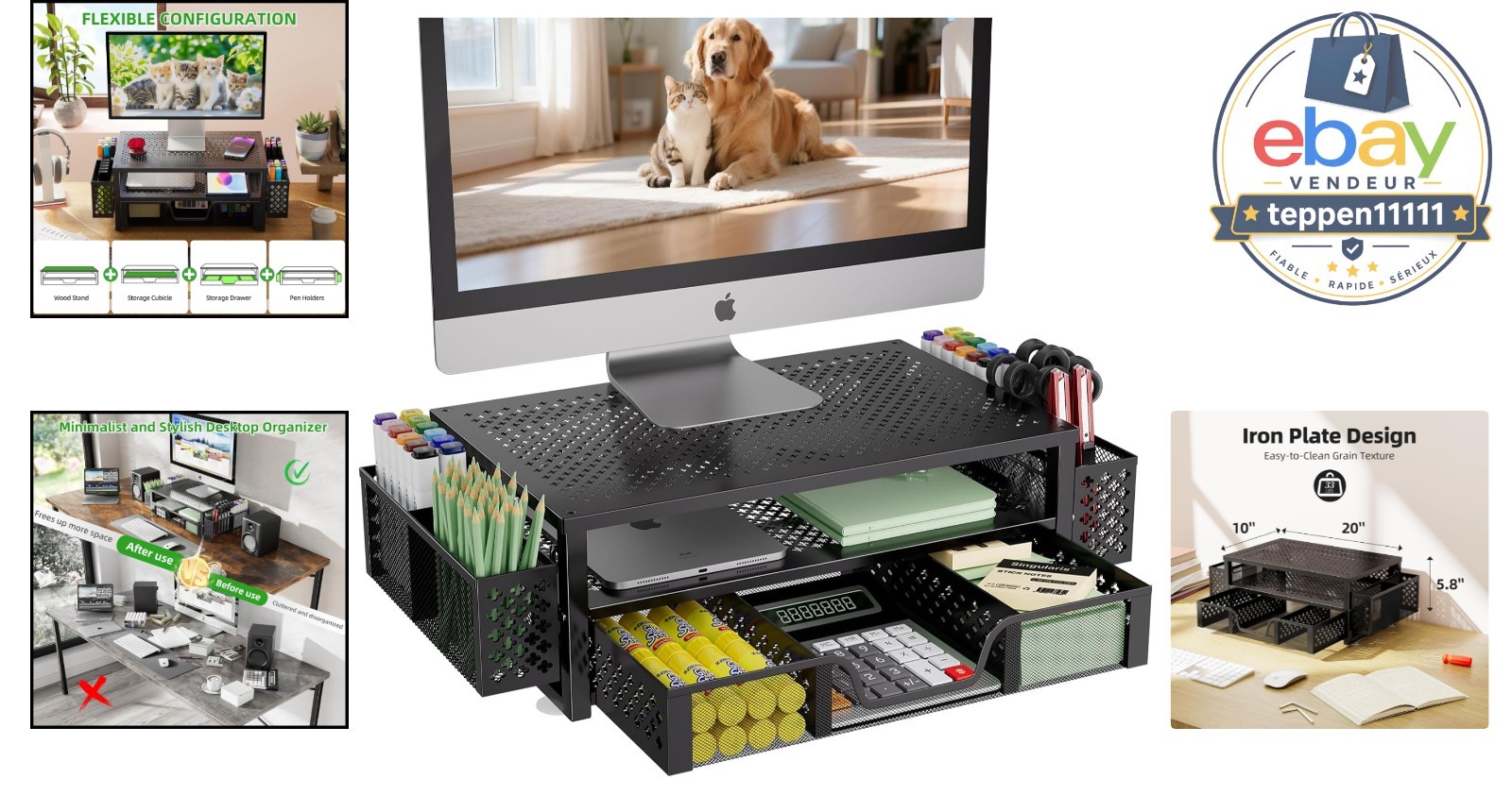 Desk Organizer 2 Tier Metal Monitor Stand Riser with Drawer Pen Holder