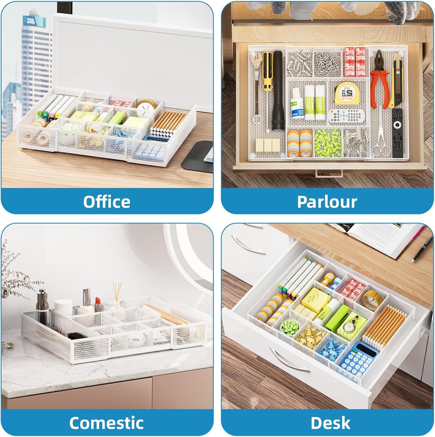 Expandable Desk Drawer Organizer, Mesh Drawer Organizer Tray with 10 Compartment