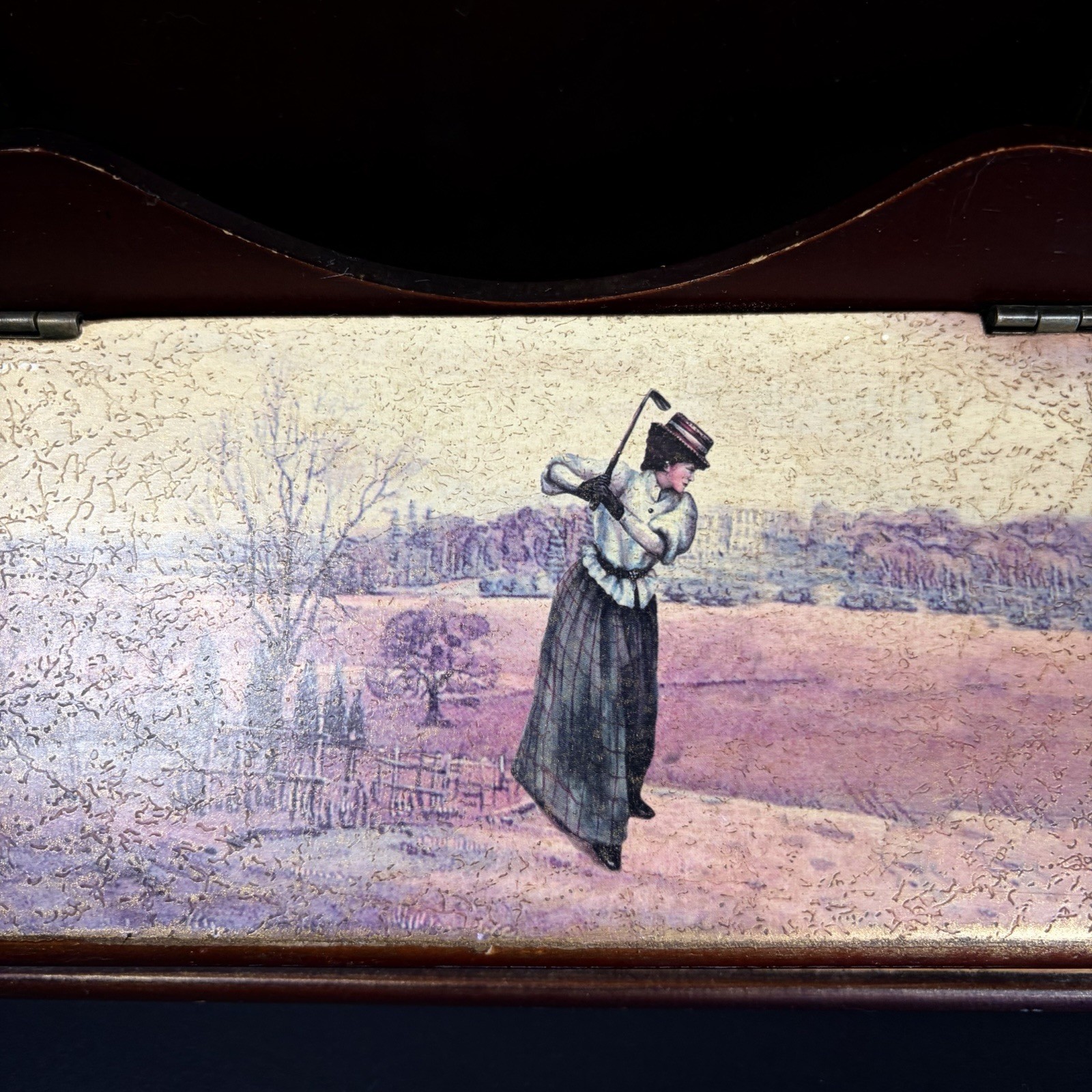 Vintage Woman Golfer Desk Organizer Mail Papers Letters Pens Holder Storage Box