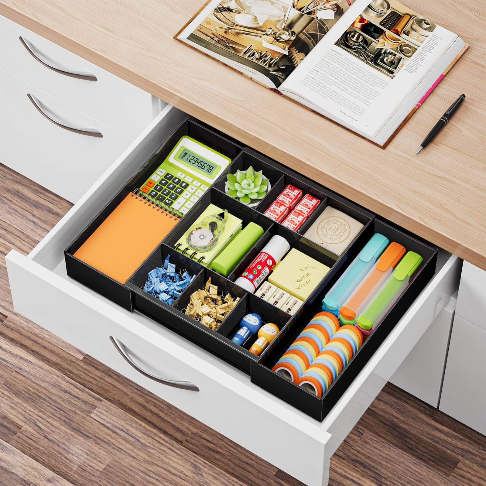 Expandable Desk Drawer Organizer – Clear Plastic Tray with 10 Adjustable Compart