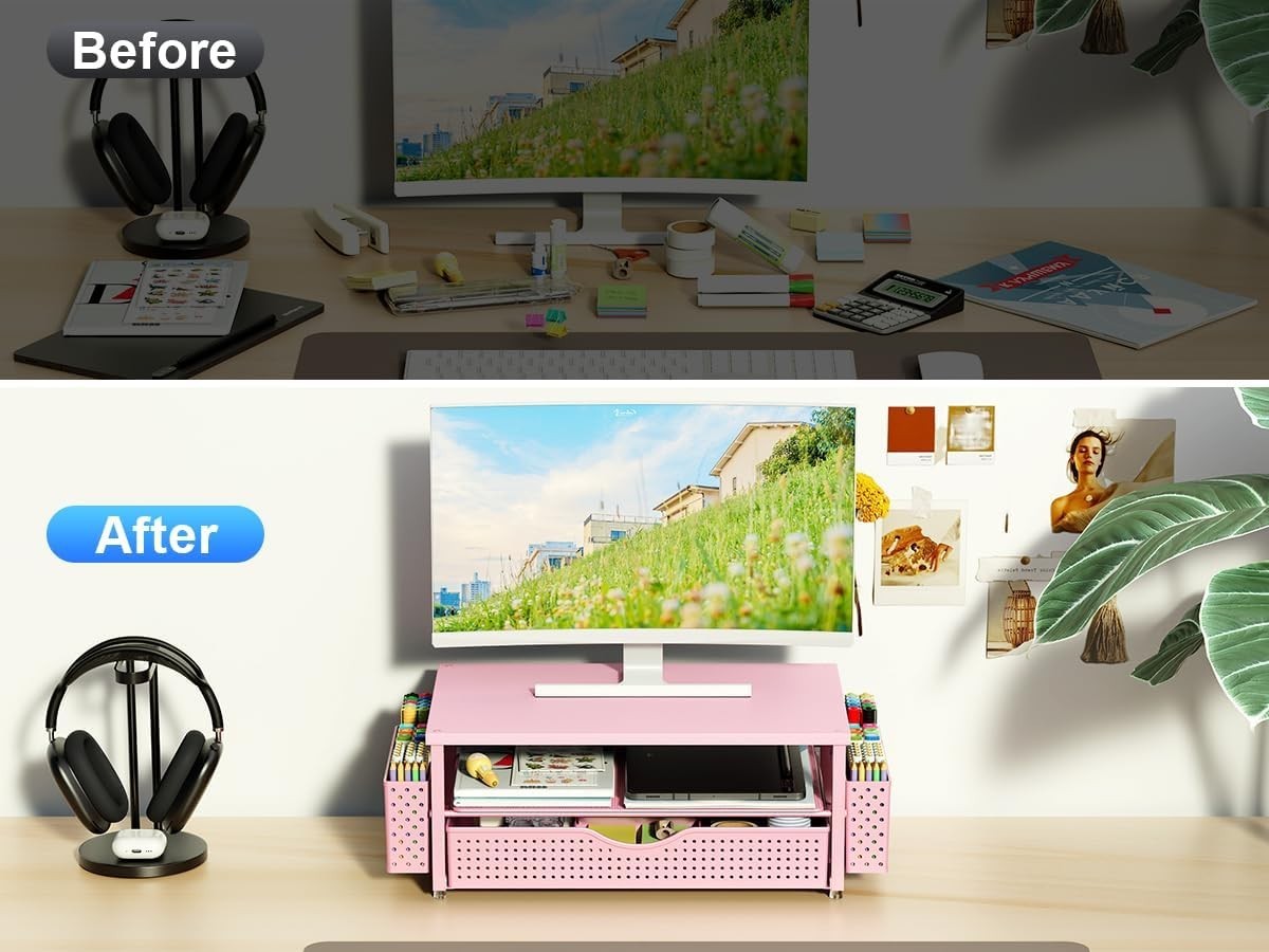 Ergonomic Desk Organizer: Pink Monitor Stand with Space-Saving Drawer & Holders
