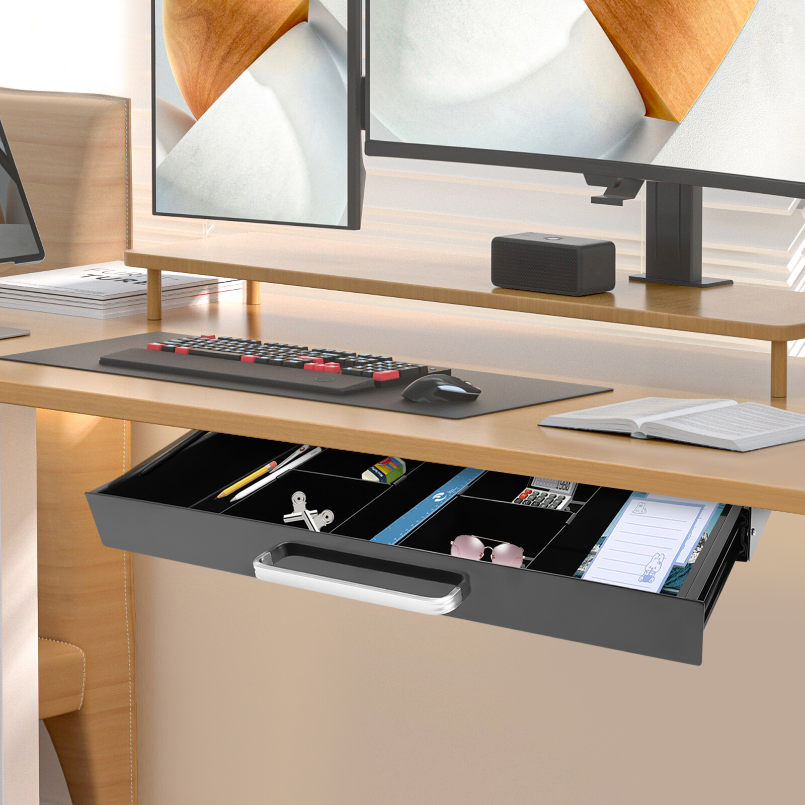 New 21.5″ Black Under Desk Mounted Sliding Pull-out Drawer For Standing Desks