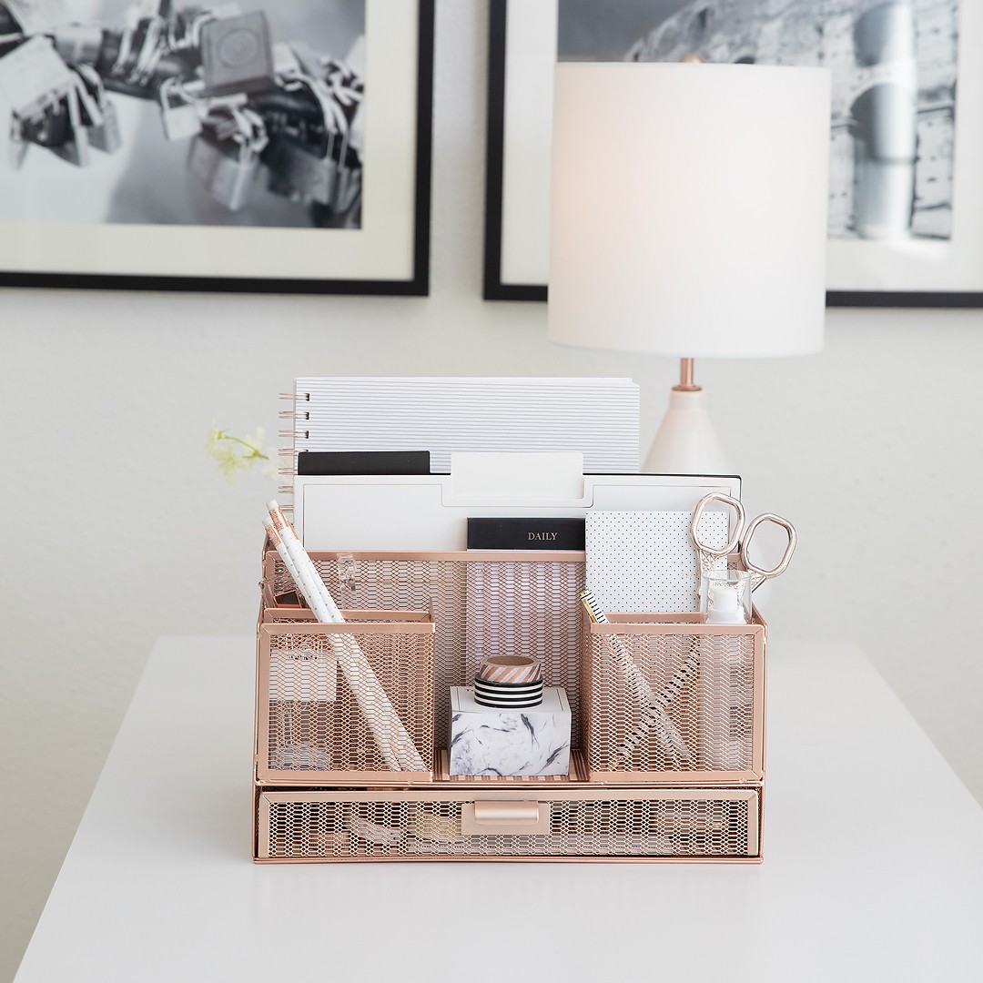 Office Rose Gold Desk Organizer and Accessories with Sticky note and File Holder