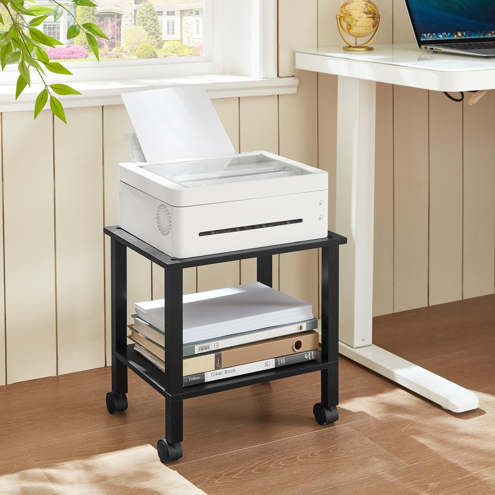 YUFAM 2 Tier Printer Stand with Storage,Under Desk Shelf 2-Tier, Black
