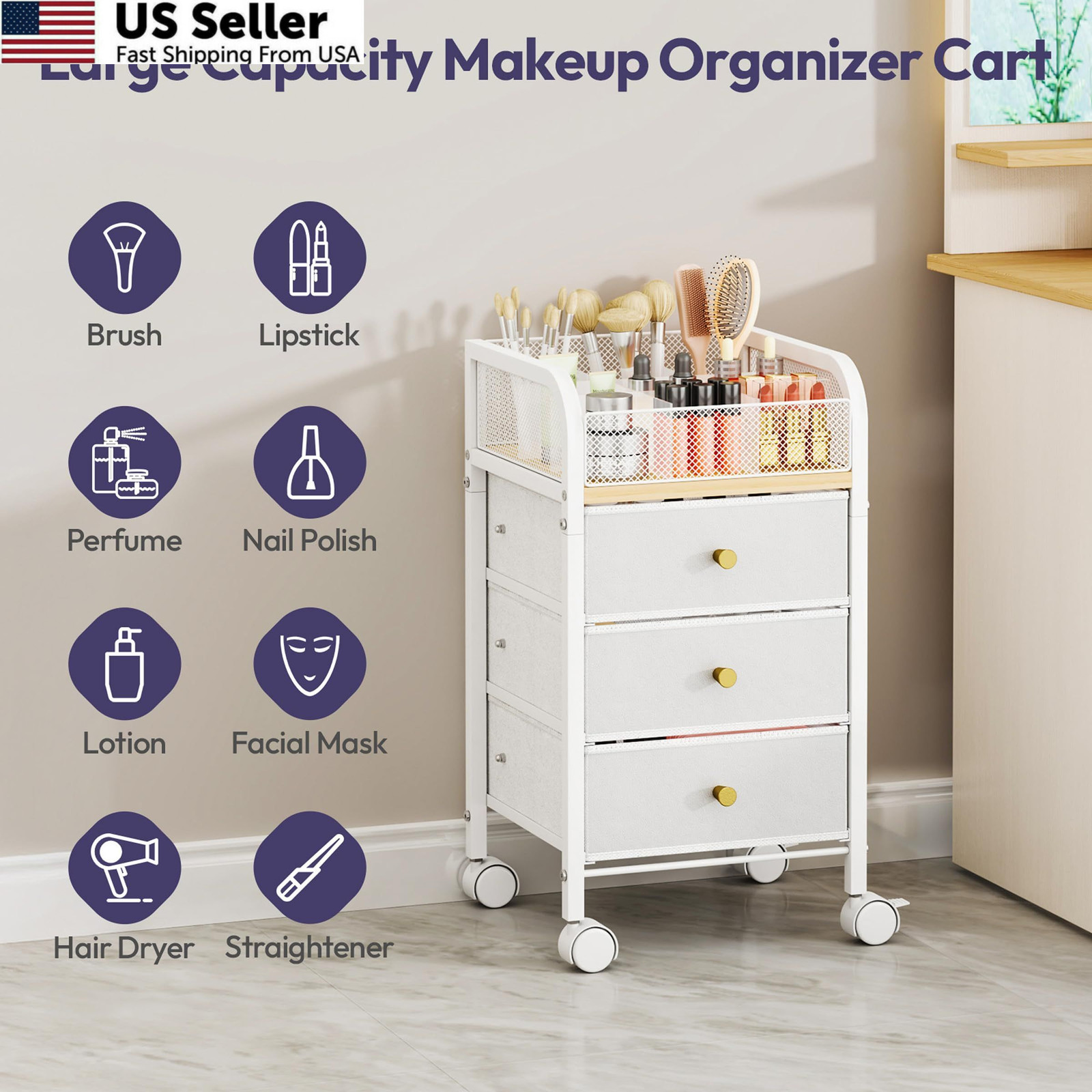 SWTYMIKI Rolling Makeup Organizer Cart – Under Desk Vanity 4-Tier, White