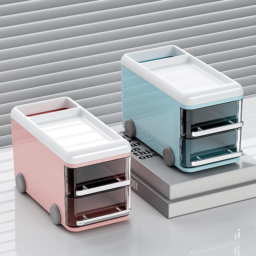 LETURE Cute Desk Organizer with drawers, Plastic Desktop Storage for Blue