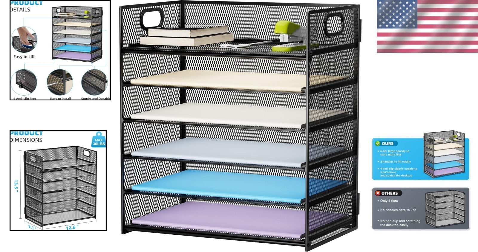 Lightweight 6-Tier Office Paper Sorter with Portable Handle – Easy Assembly
