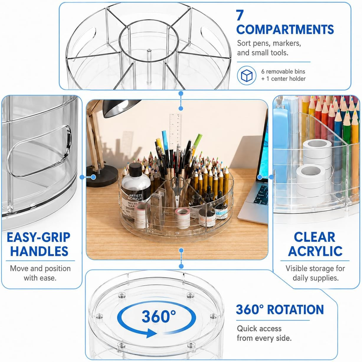 Rotating Organizer, Clear Acrylic Pen Holder and Pen Organizer for Desk, Art Sup