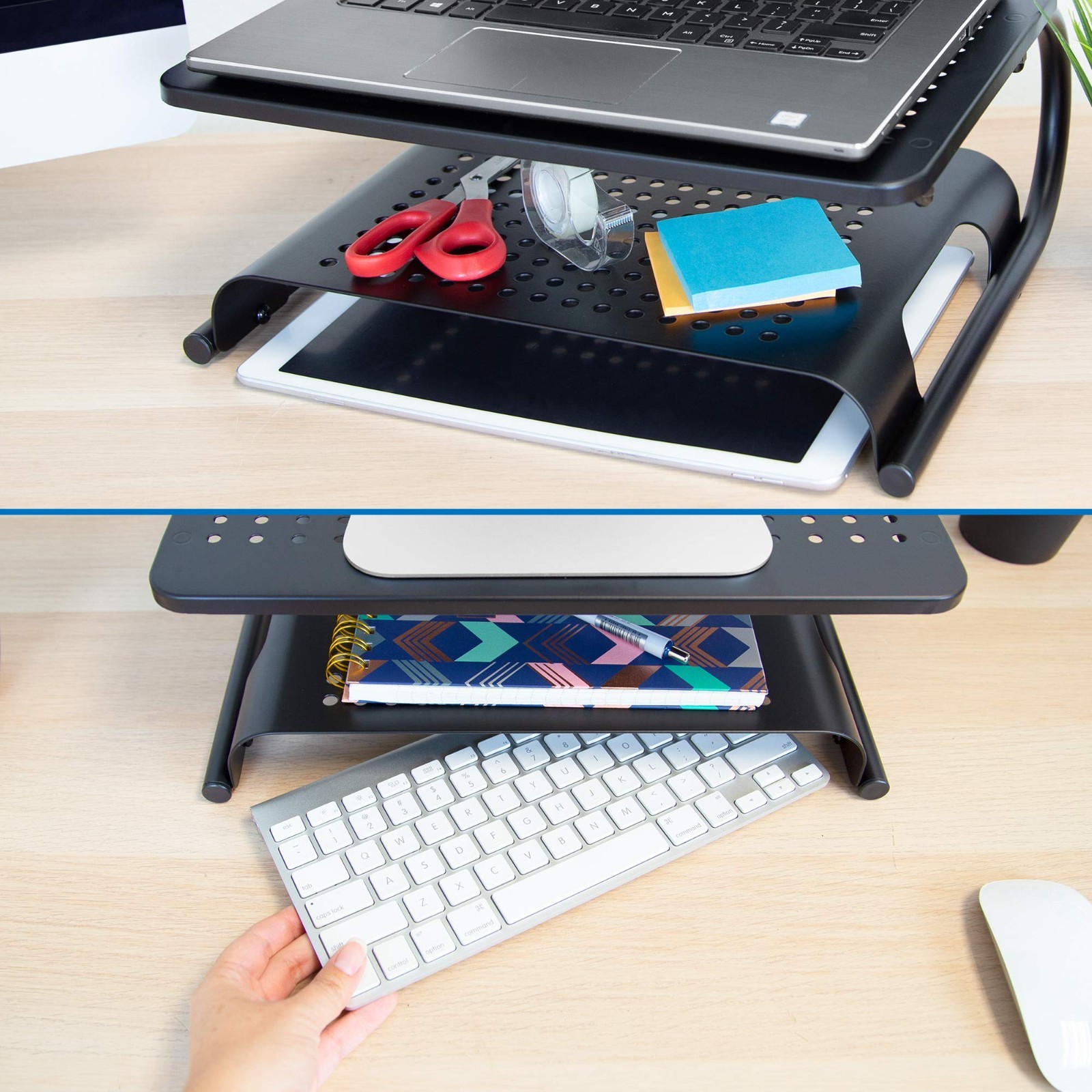 2 Tier Desk Organizer Riser | Computer Monitor Stand with Keyboard Storage Shelf
