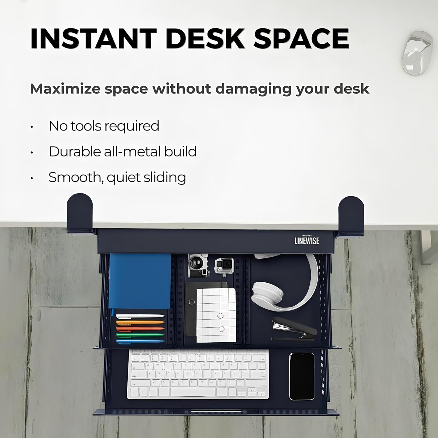 Clamp-On Under Desk Drawer – No-Drill Metal Organizer for Home & Office