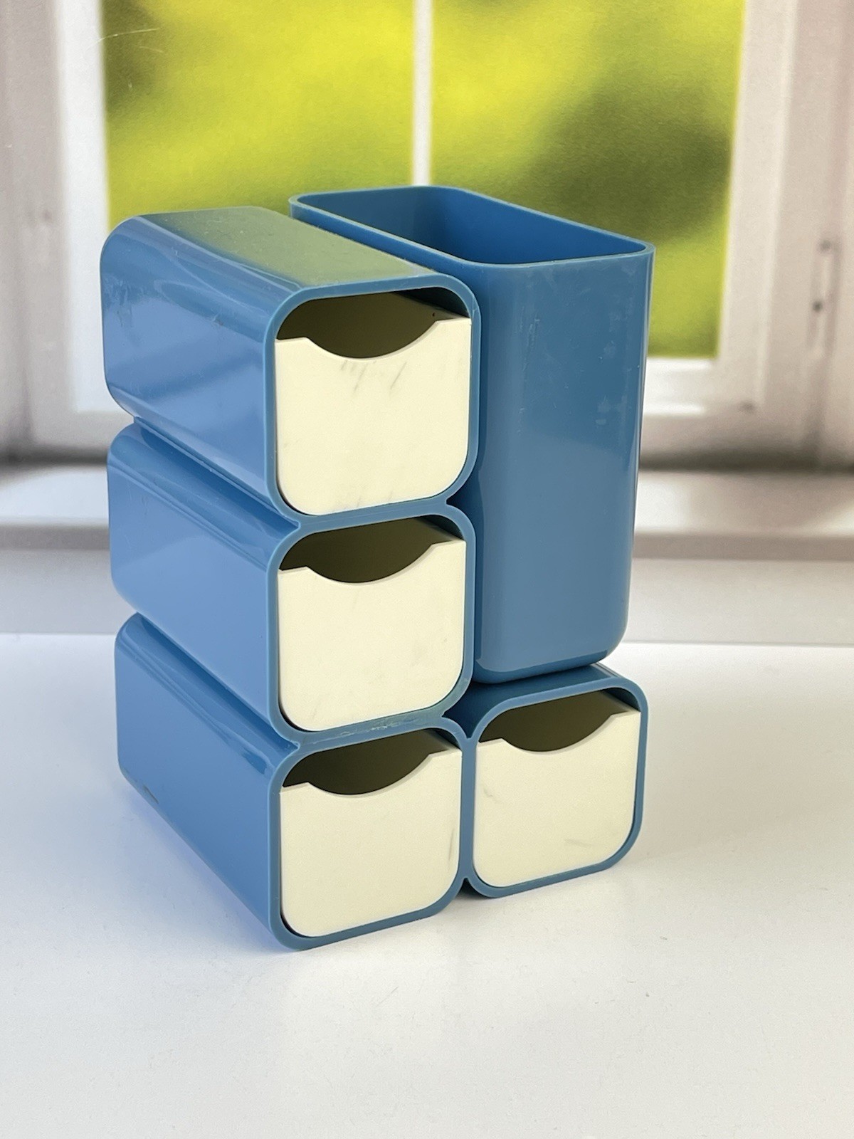Vintage Mid Century Modern Blue Plastic Mini Drawer Storage Caddy Desk Organizer