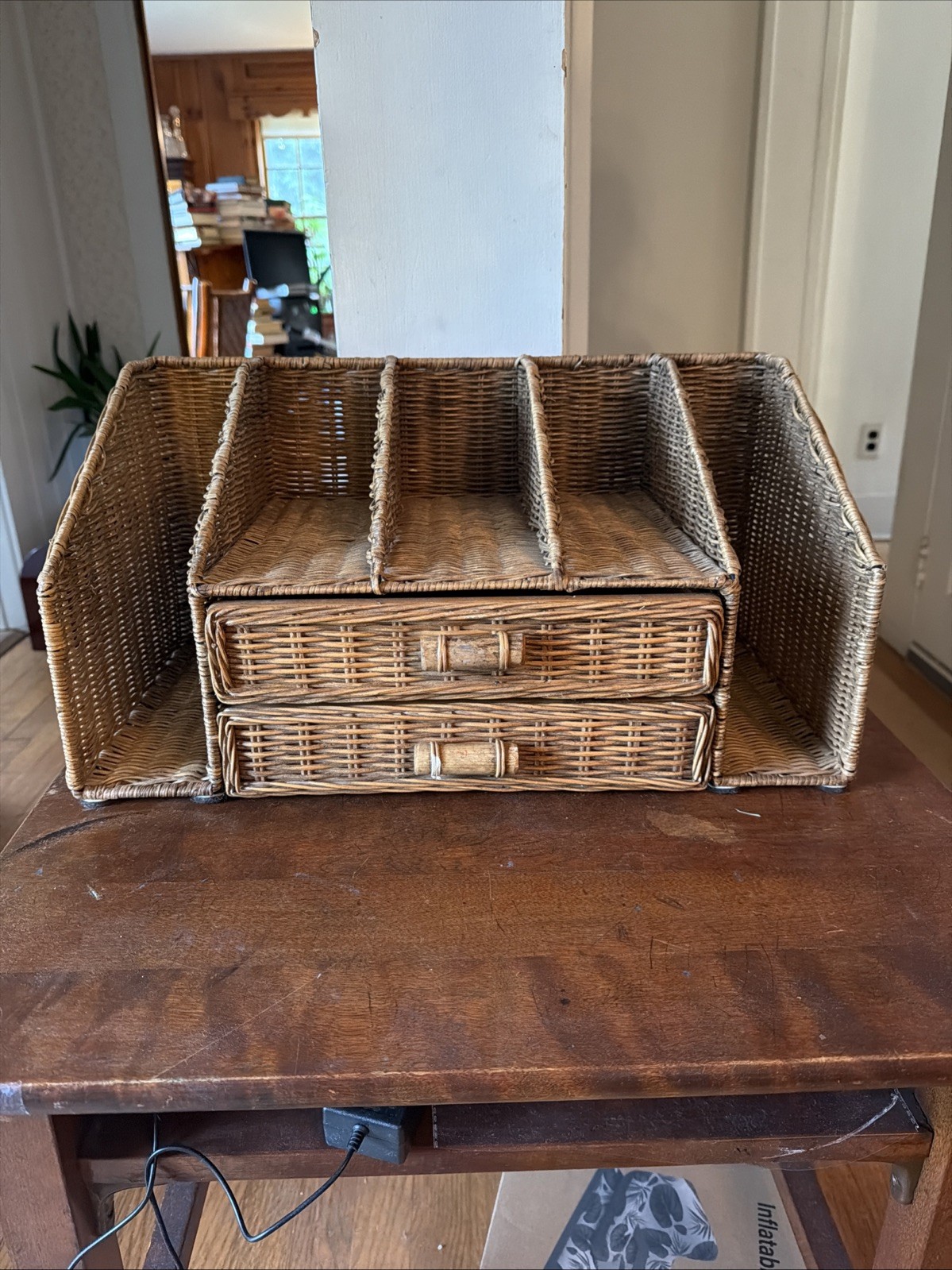 Vintage Wicker Rattan Tabletop Desk Mail Letter Stationery Organizer Drawers