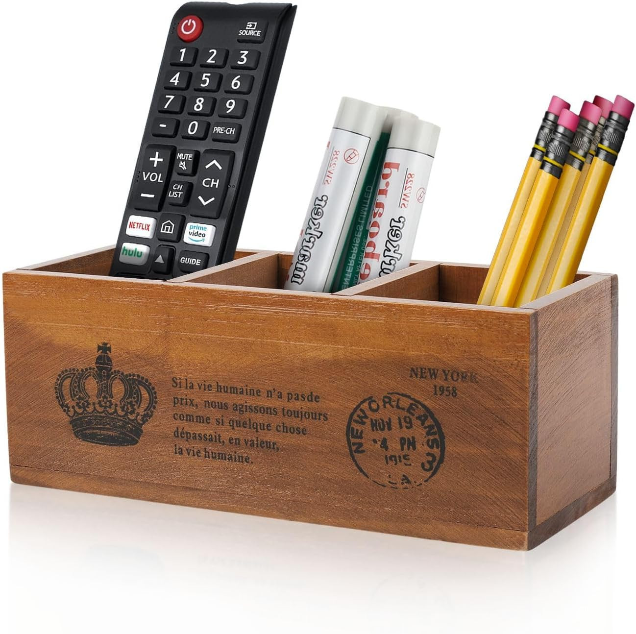 Rustic Wooden Pencil Holder for Office – 3 Compartments – Desk and Table Storage