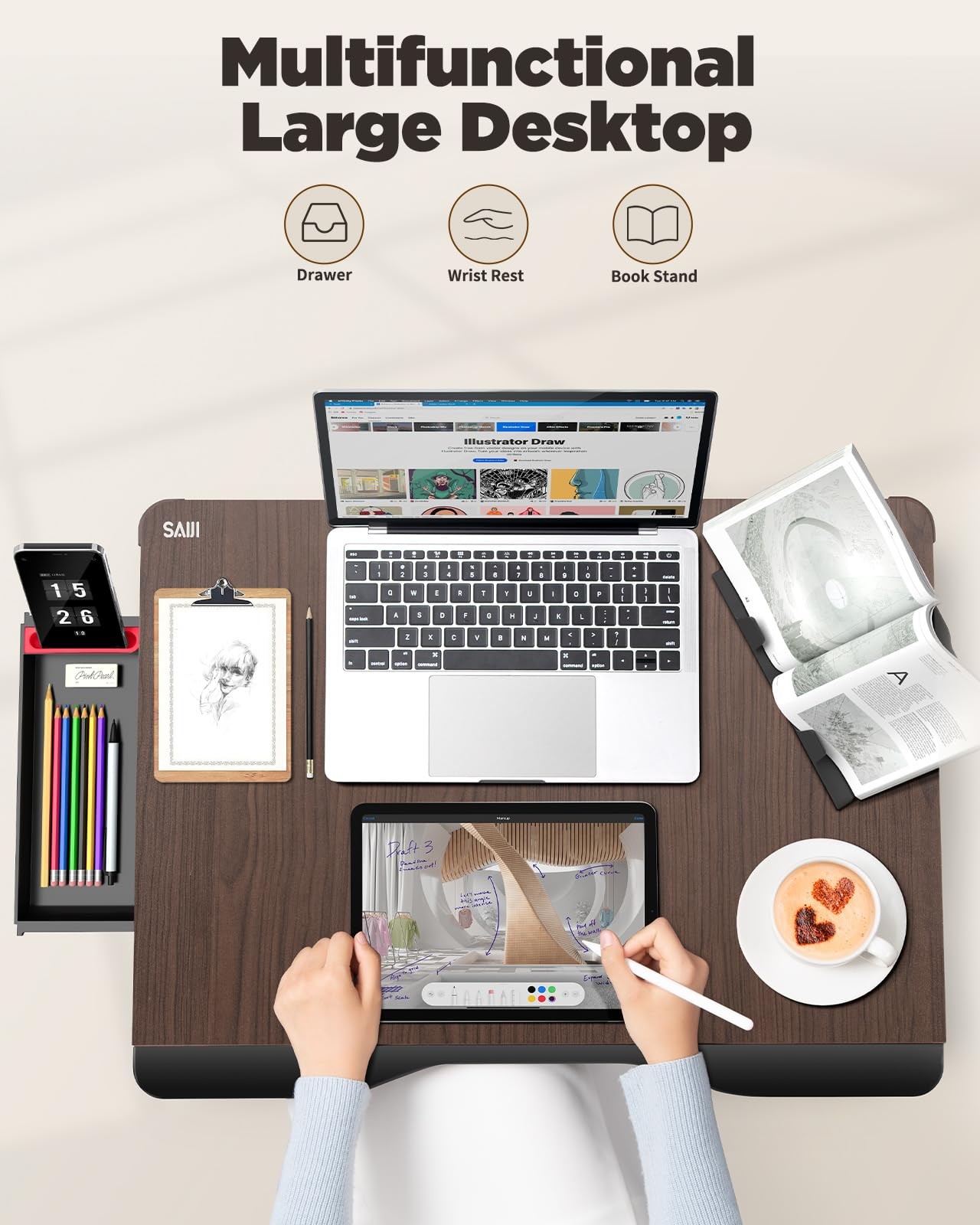 Laptop Desk for Bed, SAIJI XX-Large Foldable Bed 25.6″ x 19.29″, Black Cherry