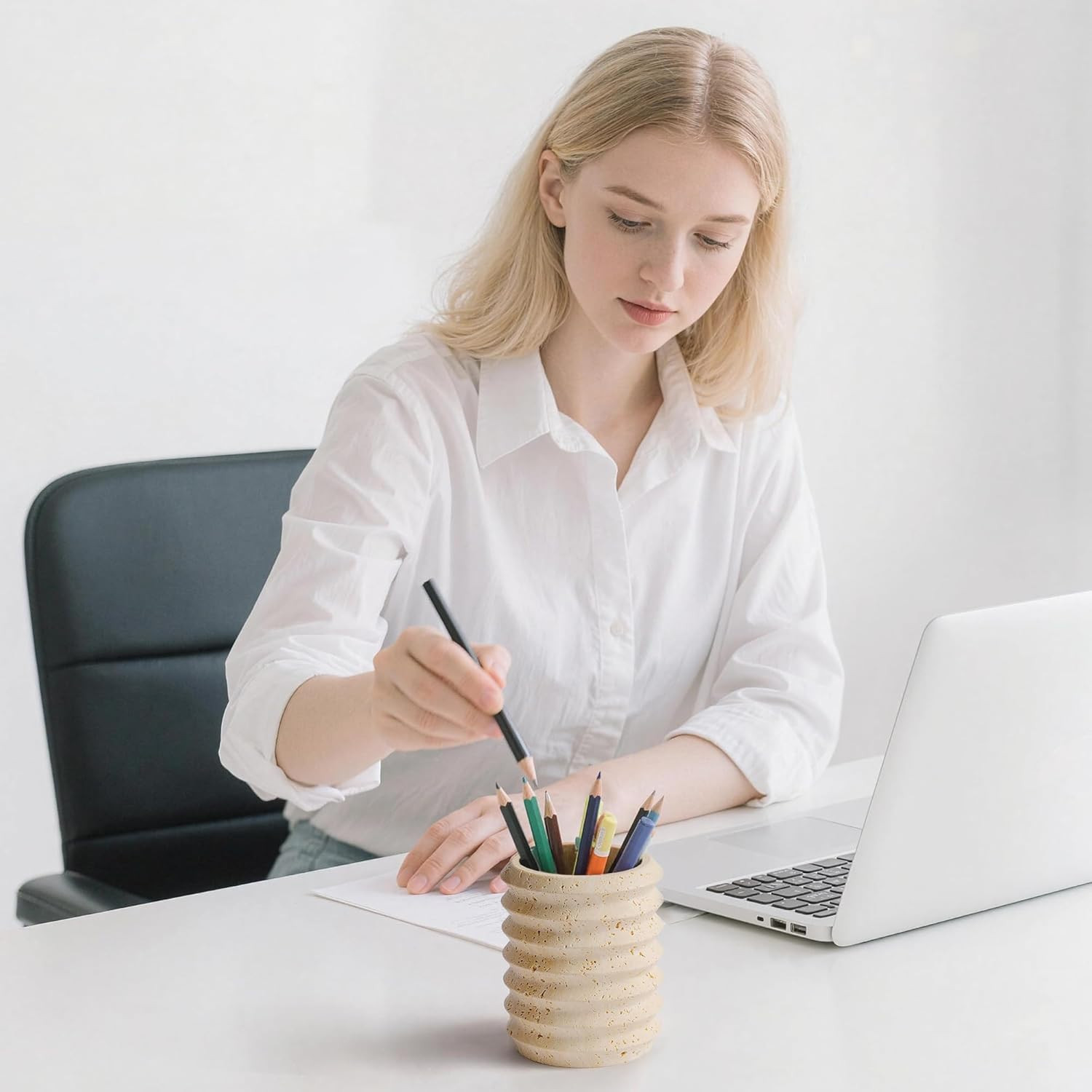 Pen Holder Stand for Desk, Natural Travertine Stone Makeup Brush Holders, Modern