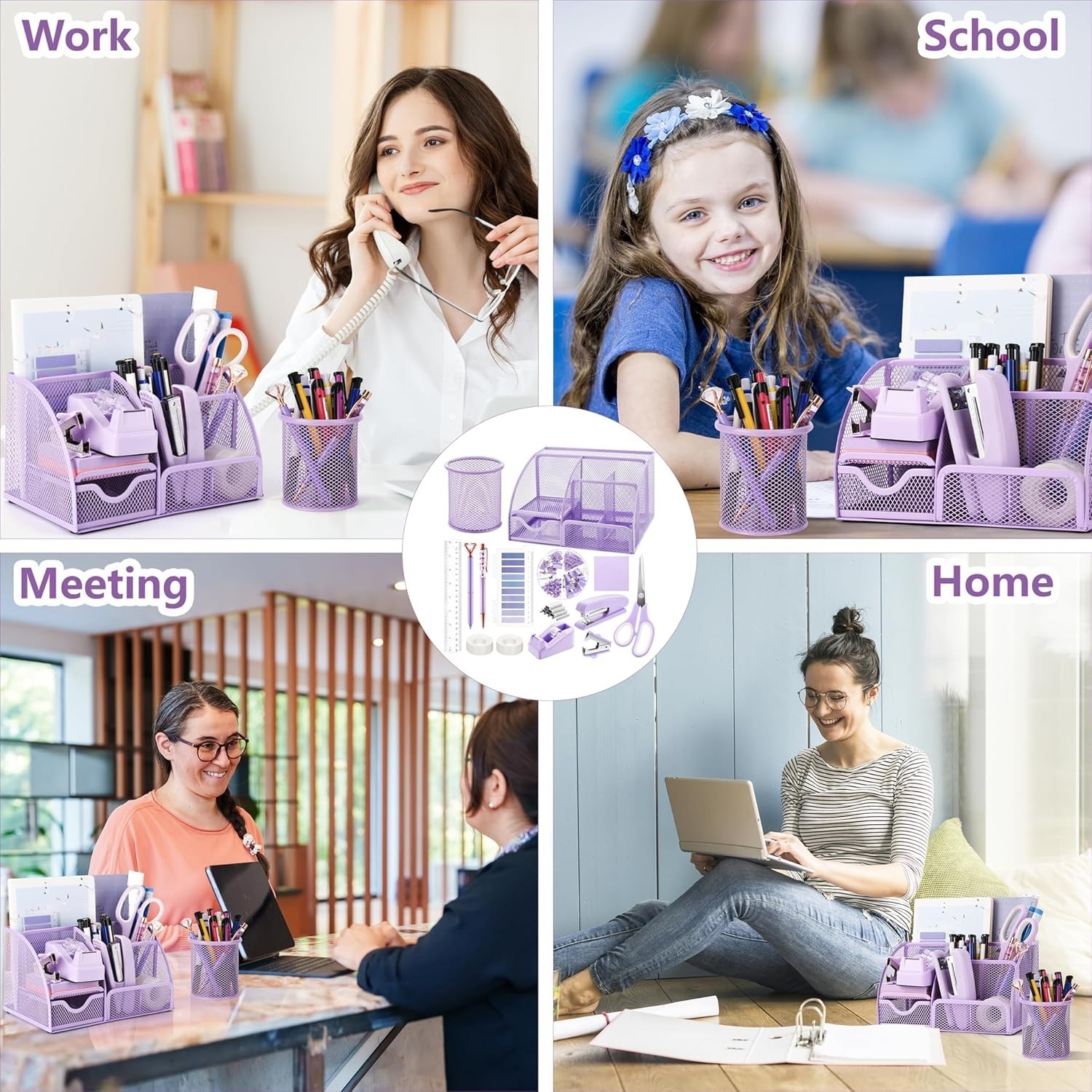 15 Pcs Purple Office Supplies Set Mesh Desk Organizer Accessories Kit include…