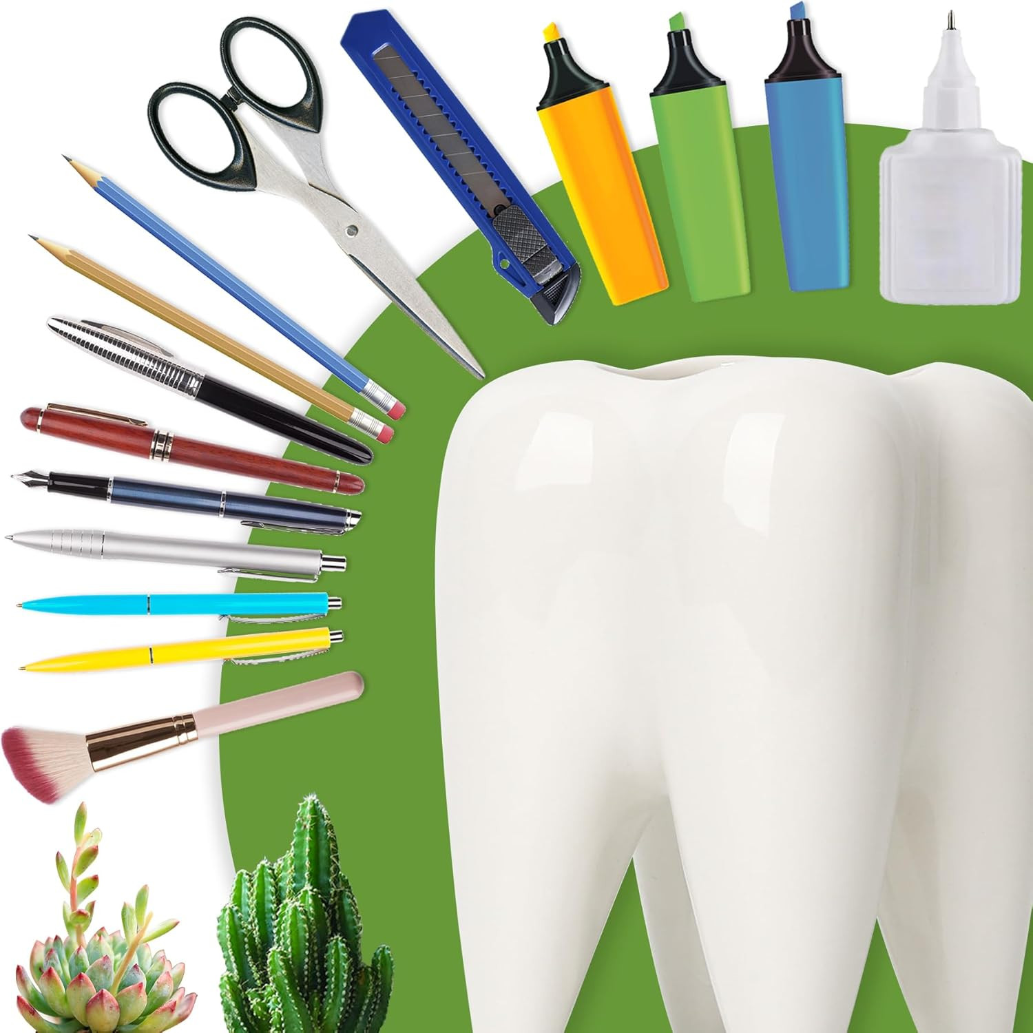 Ceramic Pen Holder, Tooth Shaped Pen Holder for Desk, Cute Pencil Pot White Acce