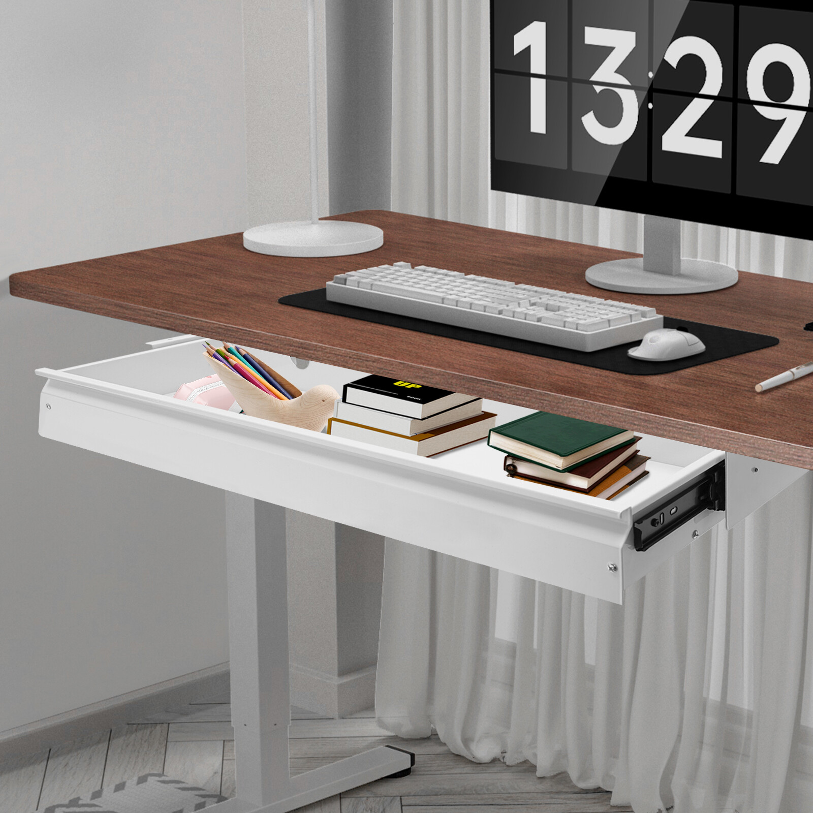 Under Desk Sliding Pull-Out Drawer White 33.3 × 9.2 In Mount For Sit-Stand Desk