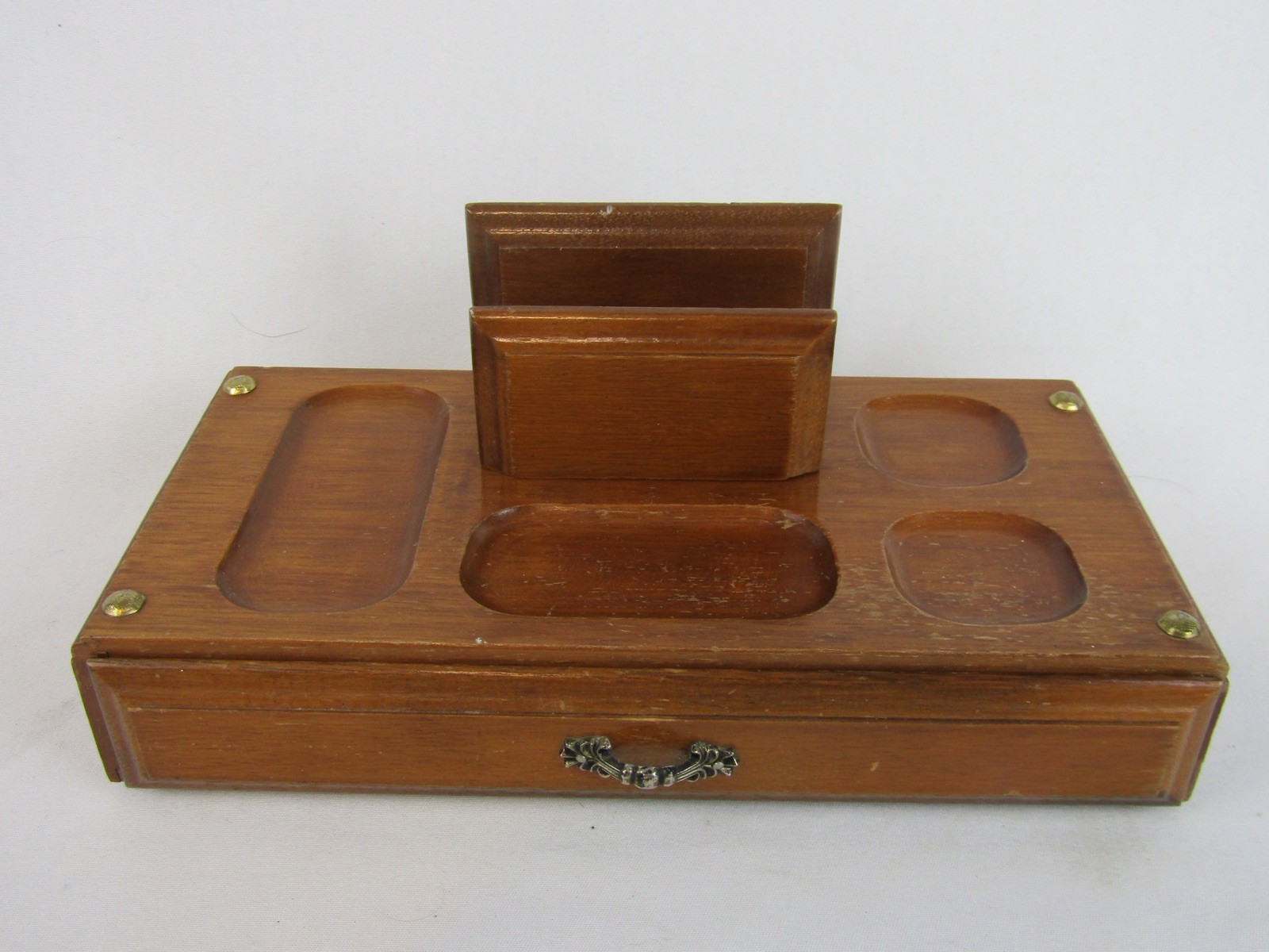 Vintage Centurion Wood Desk Caddy-Brown-Felt Lined Drawer-Envelope Holder-EUC