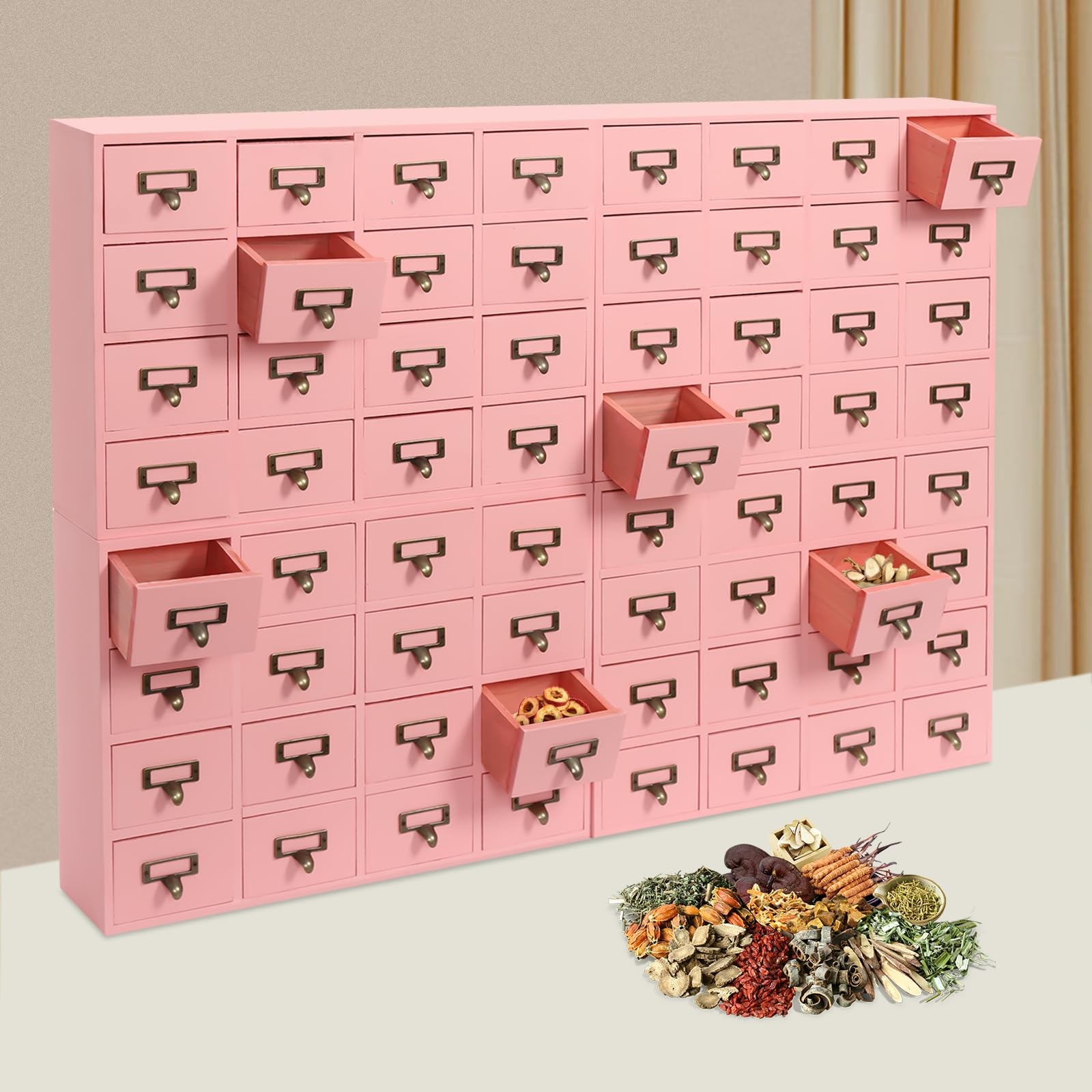 64-Drawer Wooden Storage Cabinet Vintage Tabletop Mount Desk Organizer Pink