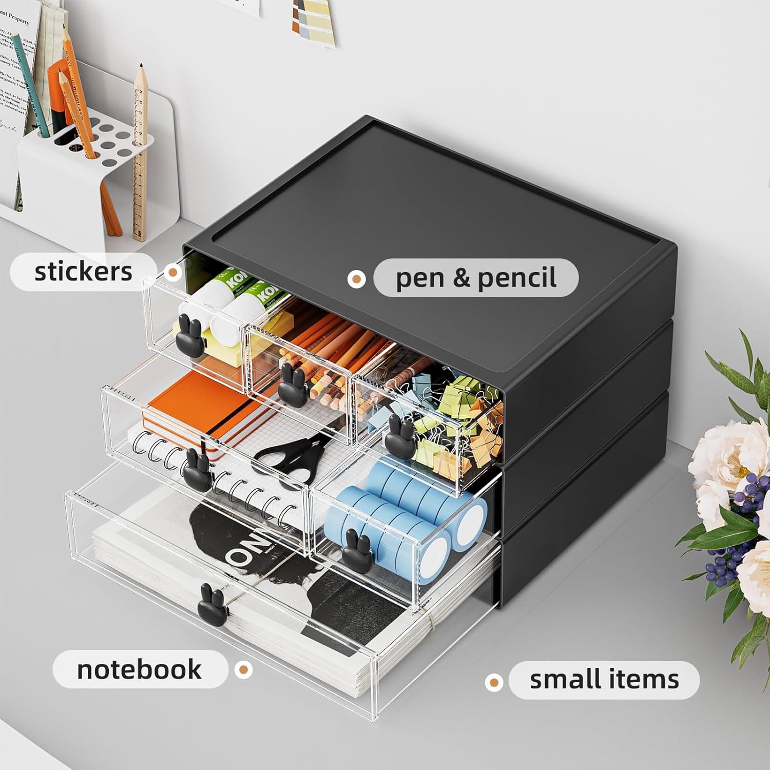 Desk Organizer with 6 Drawers – 3 Tier Stackable Desktop Storage Drawers (BLACK)