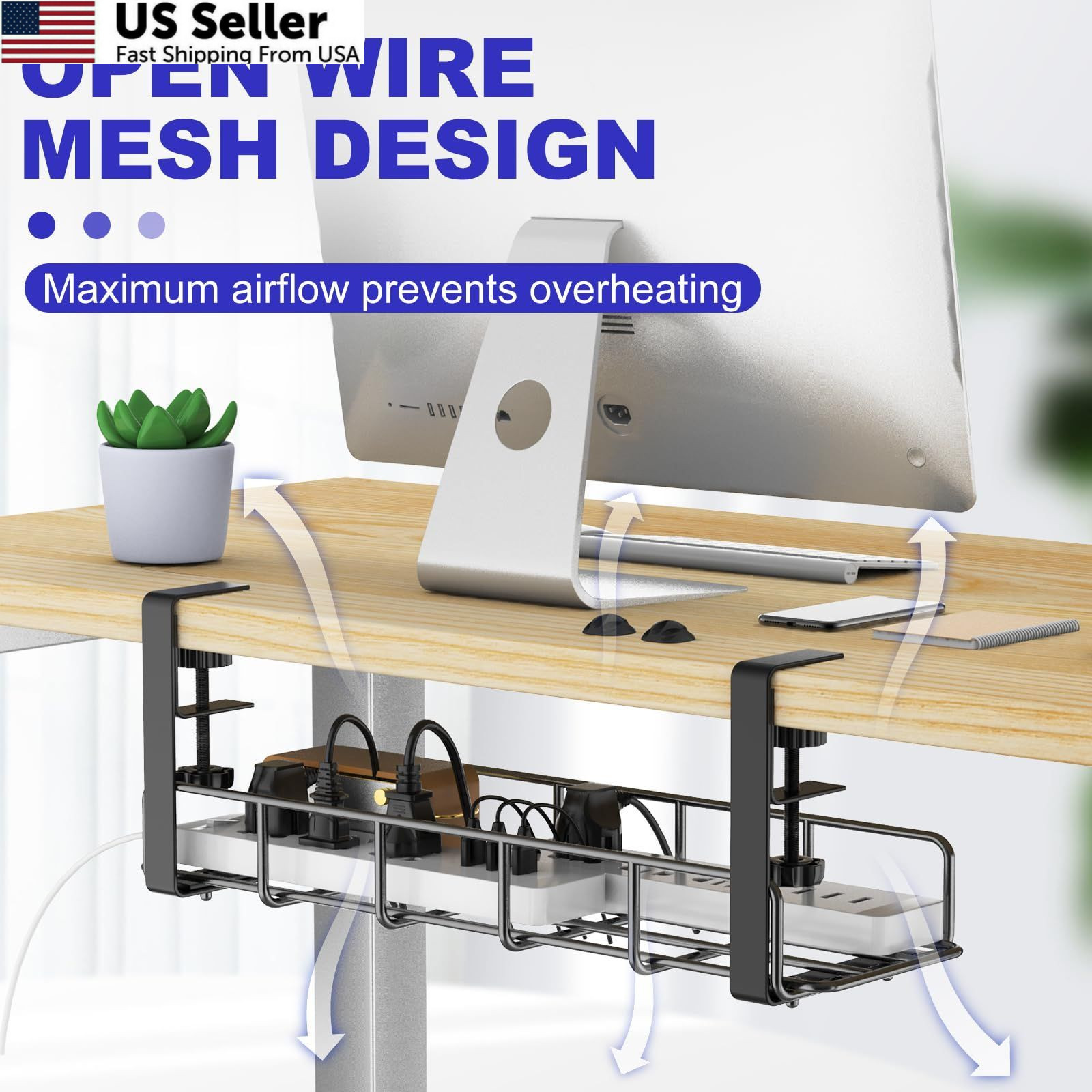 15.7” Under Desk Cable Management Tray, No Drill Steel 1 Pack, Black