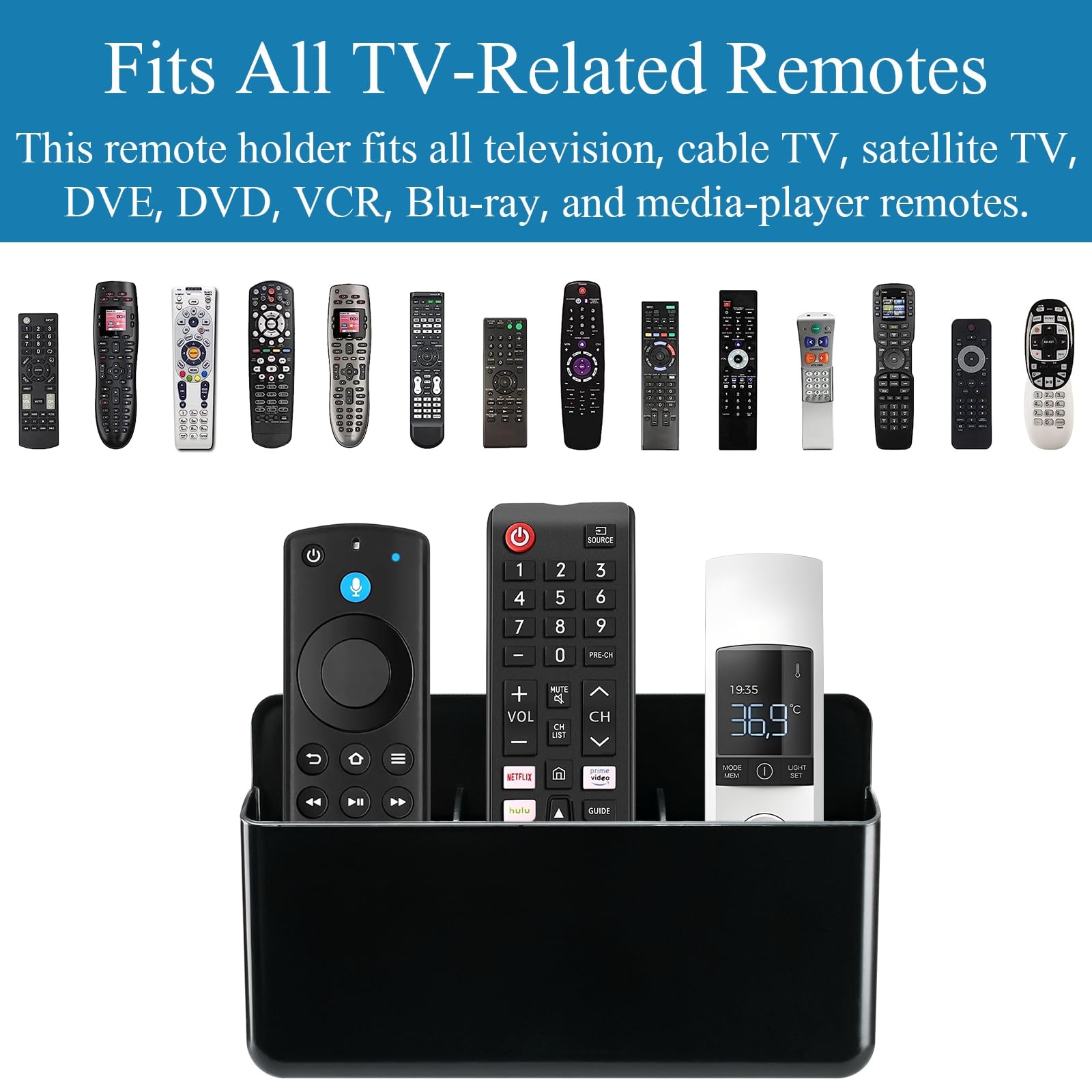 2 PCS Black Remote Control Organizer 3 Slot Wall Mount Self Adhesive For TV