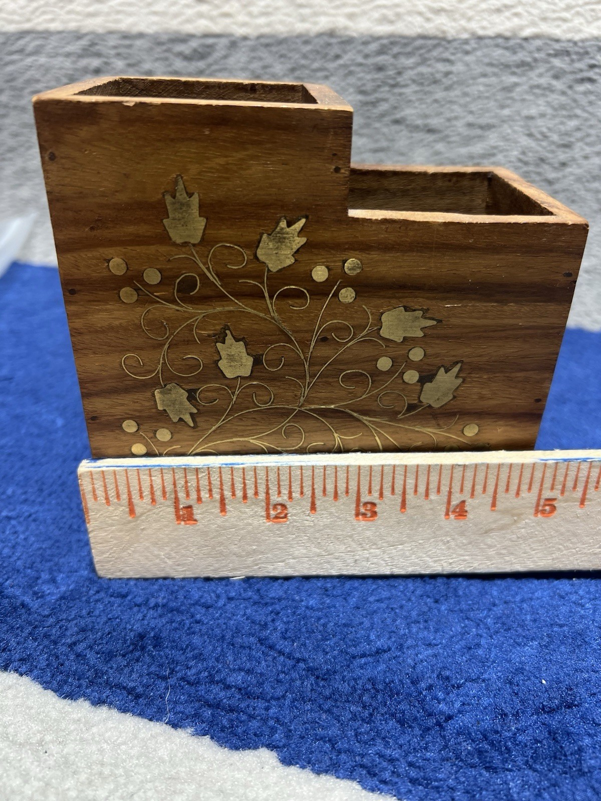 Wood Desktop Organizer 3-Compartment Pen/Pencil Holder with Leaf Inlay Design