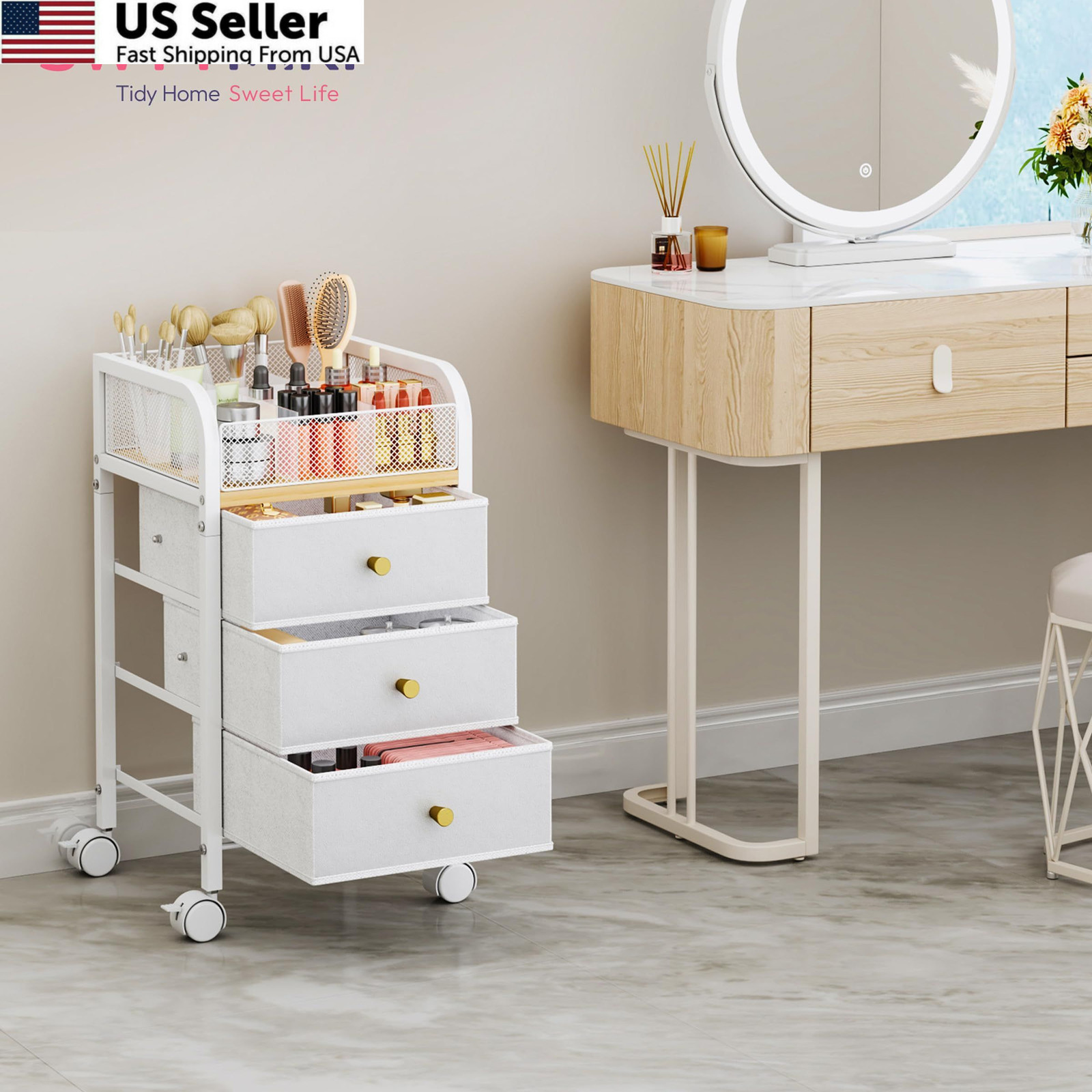 SWTYMIKI Rolling Makeup Organizer Cart – Under Desk Vanity 4-Tier, White