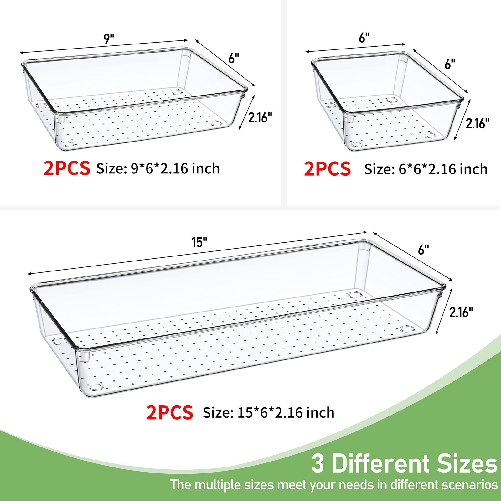6 PCS Clear Plastic Drawer Organizer, Large 15″ X 6″ 3-Size Acrylic Stackable…