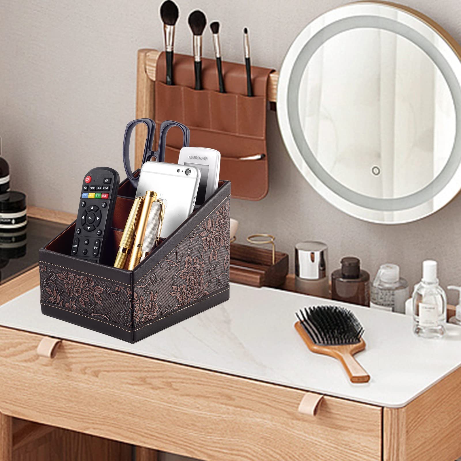 RHCSZ PU Leather TV Remote Control Holder with 3 Brown (Retro)