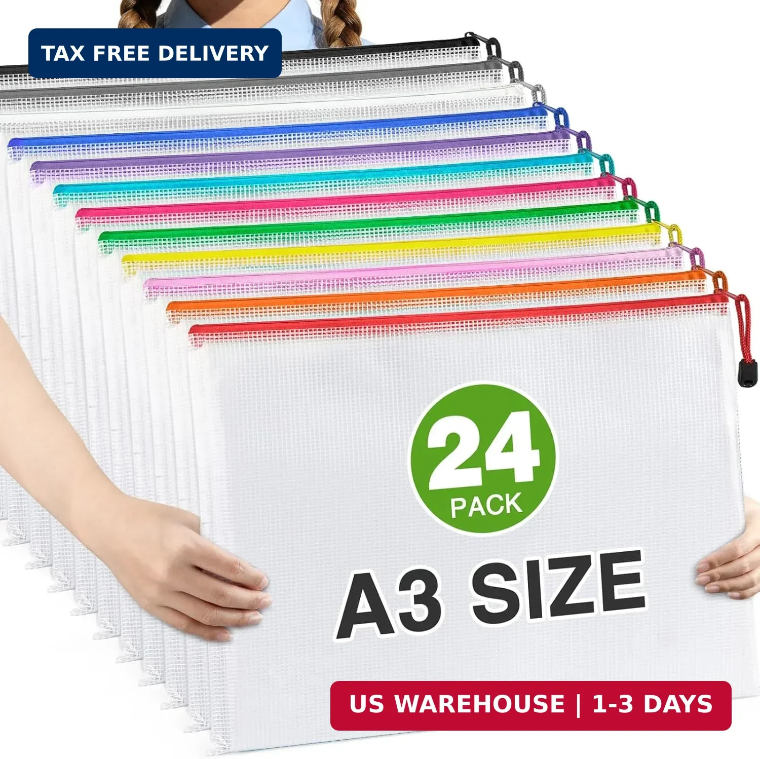 Umriox 24 Pack 12 Colors Zipper Pouches for Organizing, A3 Size (16.9 x 12.4), B
