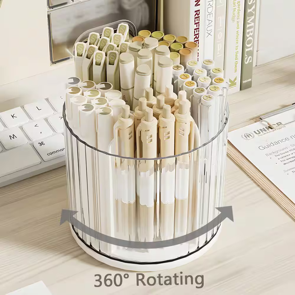 Rotating Desktop Pen Holder 360 Degree 5 Slot Organizer with 2 Drawer Storage fo