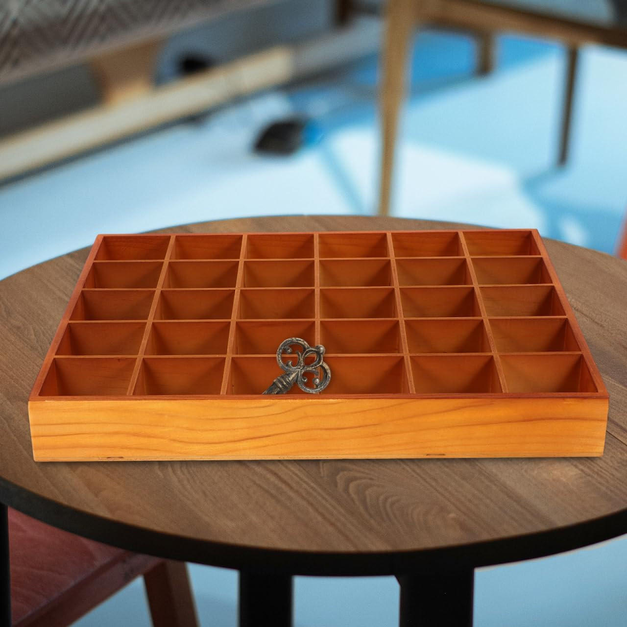 Wooden Sorting Tray Organizer with 30 Compartments – Brown Finish