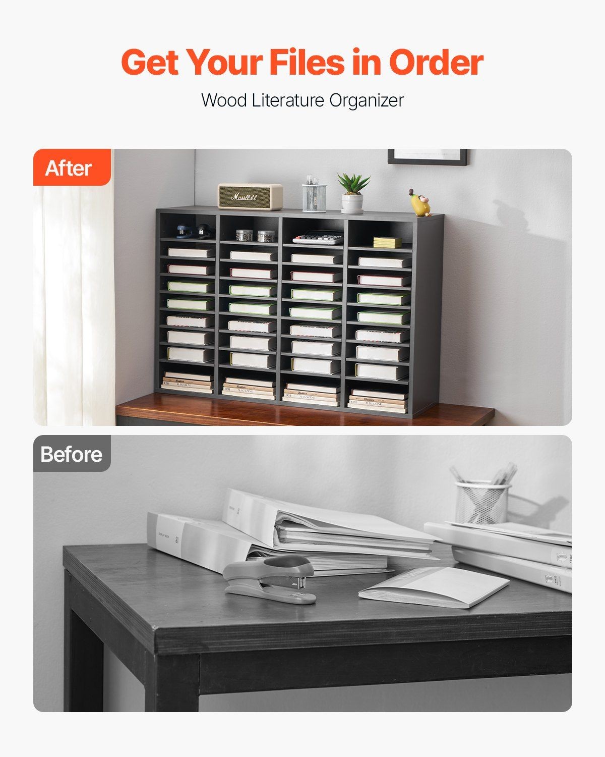 Grey 36-Slot File Organizer: Adjustable Shelves, MDF, 9.2×11.1in Compartments
