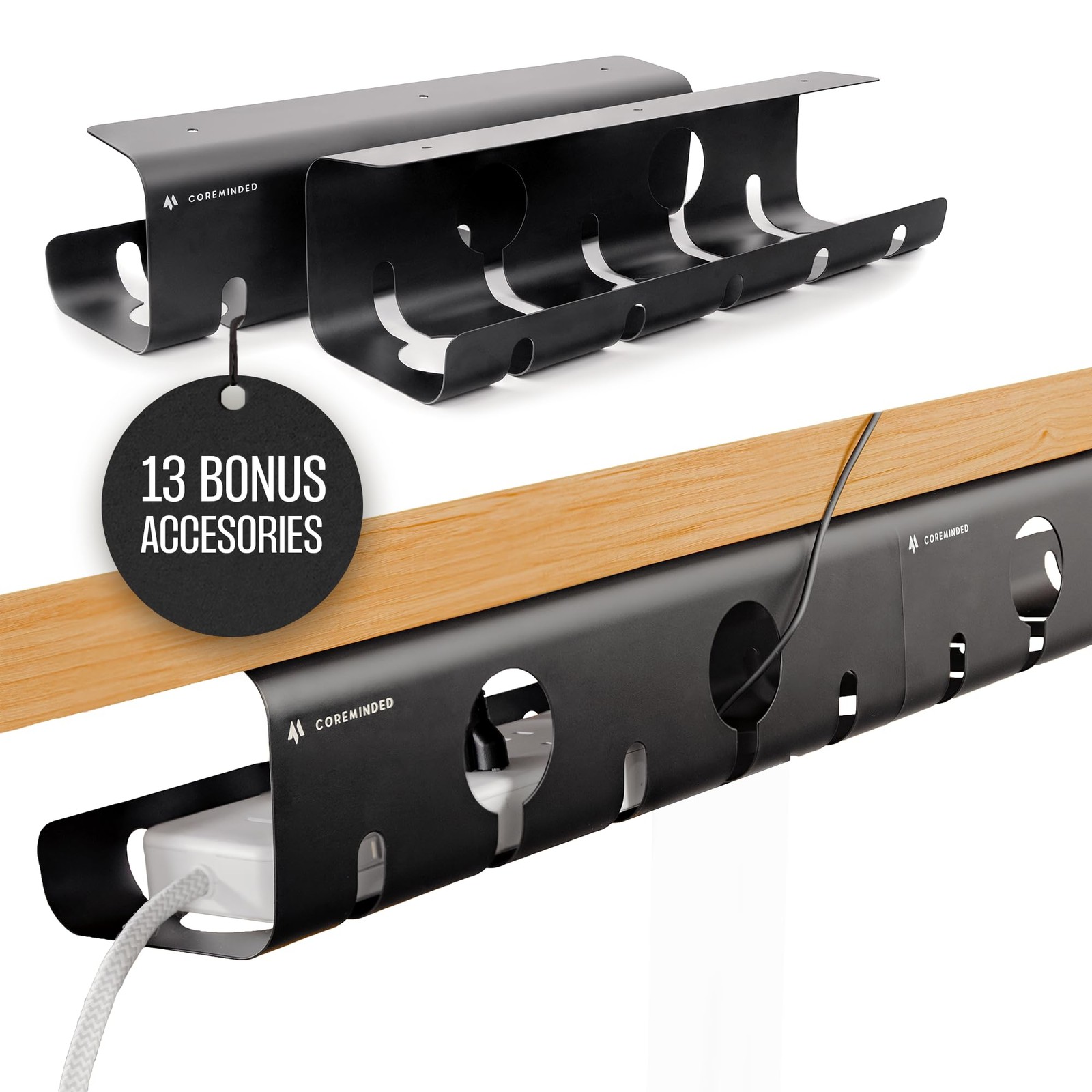 No-Drill Under Desk Cable Management Tray – 2-Pack Wire & Medium, Matte Black