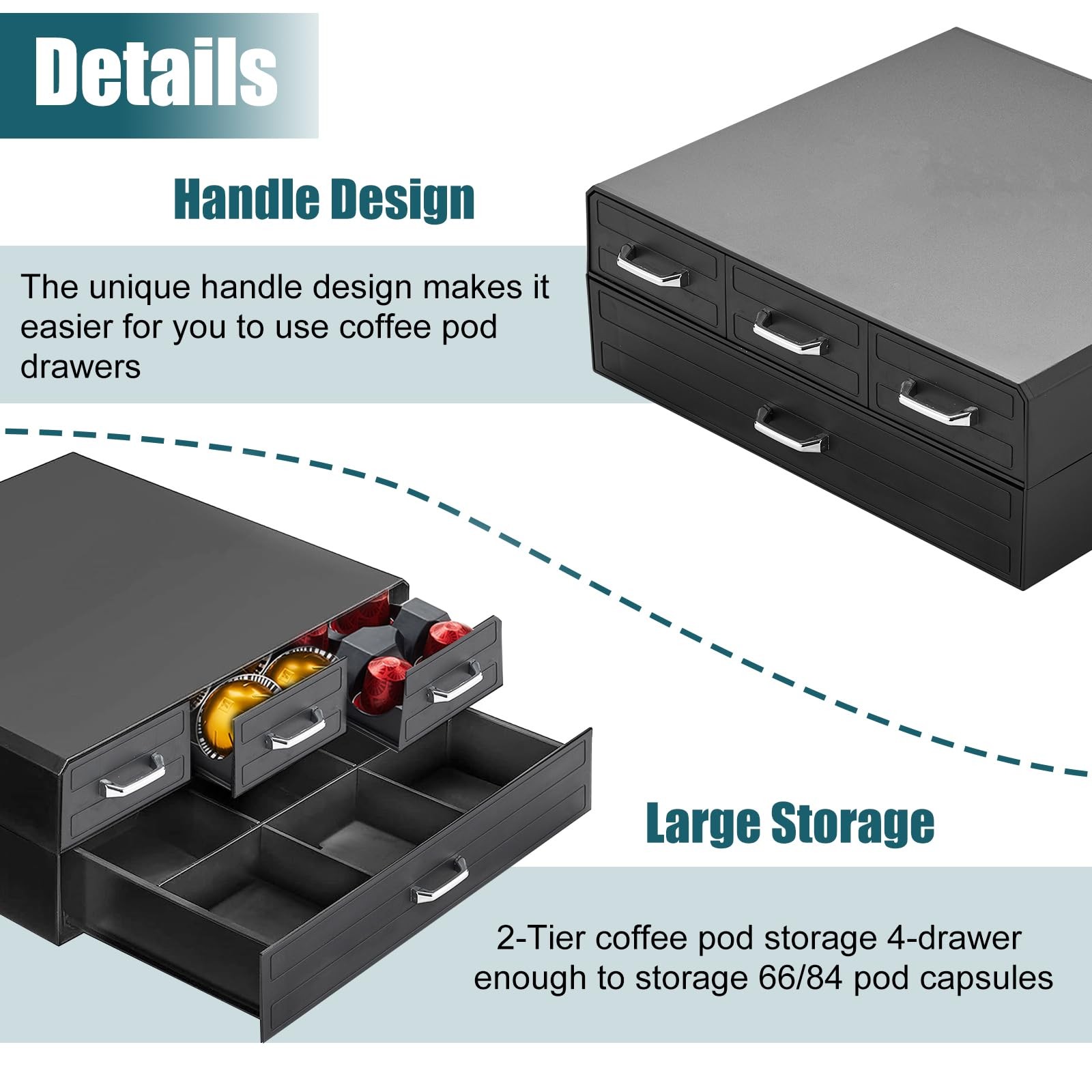 K Cup Holder Drawer 66/88 Pods Capacity, Four Drawers Design for Black