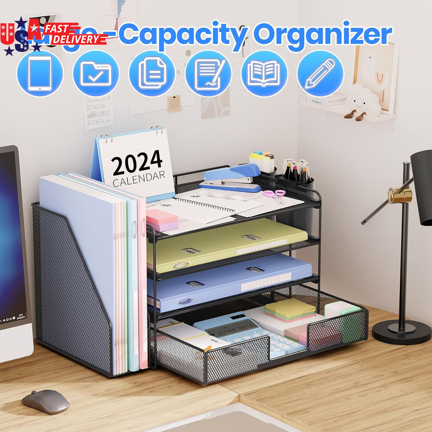 Desk Organizer, 4-Tier Desktop File Organizer with Drawer and 2 Pen Holders, Off