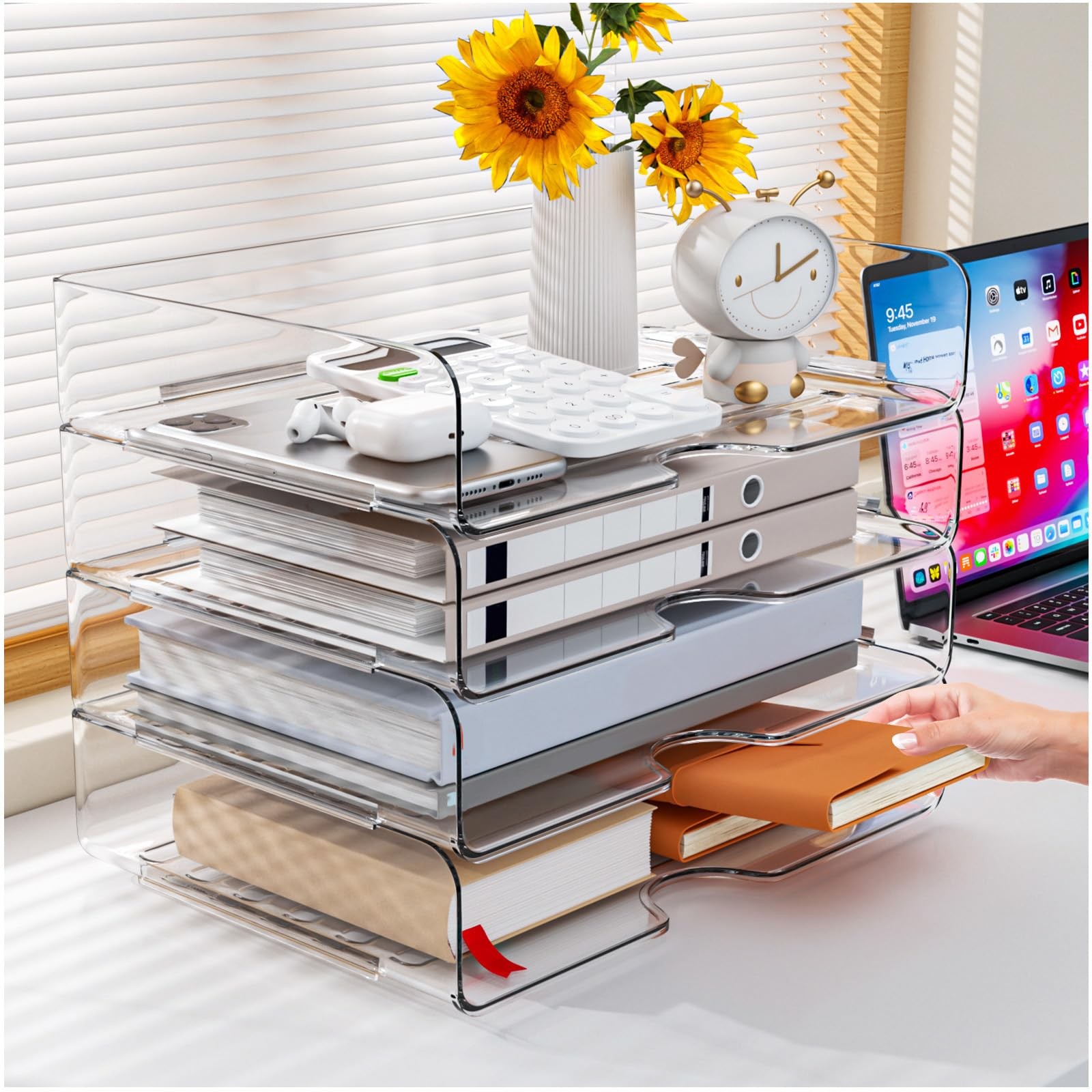 Paper Organizer Letter Tray, 4 Pack Acrylic Stackable 4-tier Widened, White