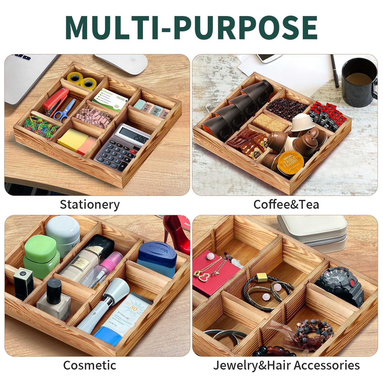 Wooden Desk Drawer Organizer, 9-Slot Office Organization and Storage Box, Adj…