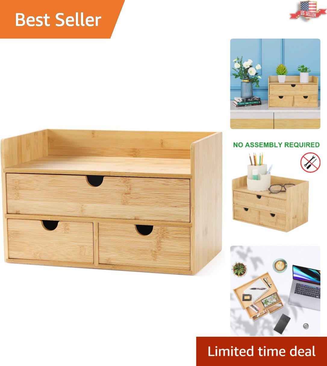 Bamboo Desk Organizer: 3 Drawer with Shelf – Eco-friendly – No Assembly Required