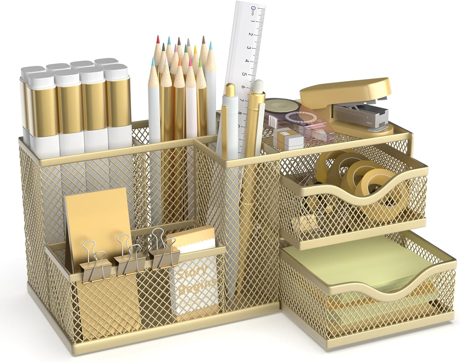 Mesh Desk Organizer, Pen Organizer with 2 Drawers and 5 Compartments, Versatile